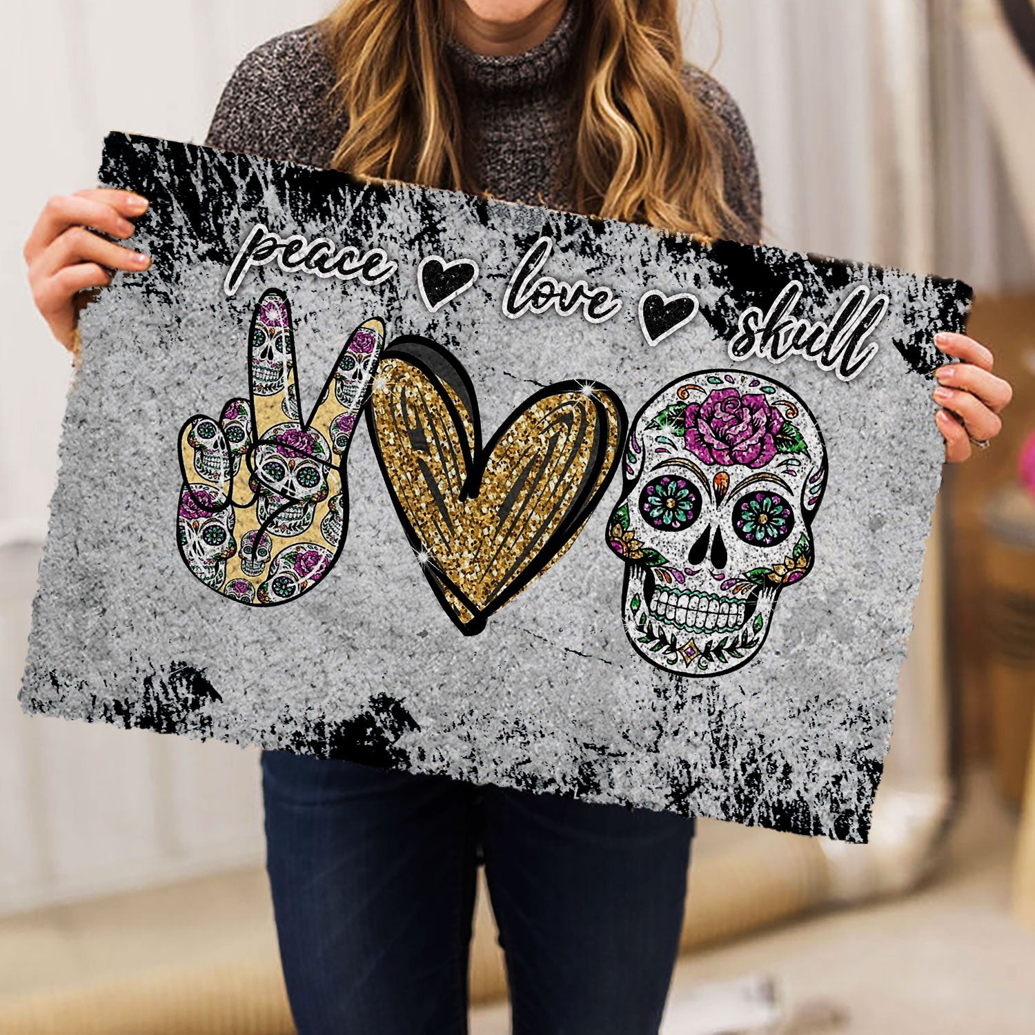 Ohaprints-Doormat-Outdoor-Indoor-Peace-Love-Sugar-Skull-Unique-Gift-For-Skull-Lover-Grey-Pattern-Rubber-Door-Mat-959-