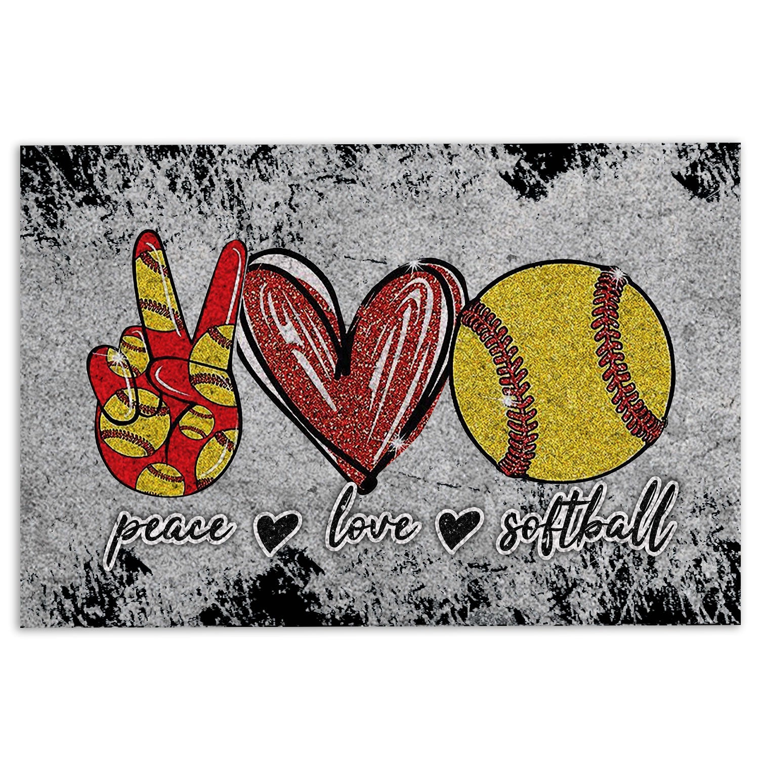 Ohaprints-Doormat-Outdoor-Indoor-Peace-Love-Softball-Unique-Gift-For-Sport-Lover-Grey-Pattern-Rubber-Door-Mat-962-18'' x 30''