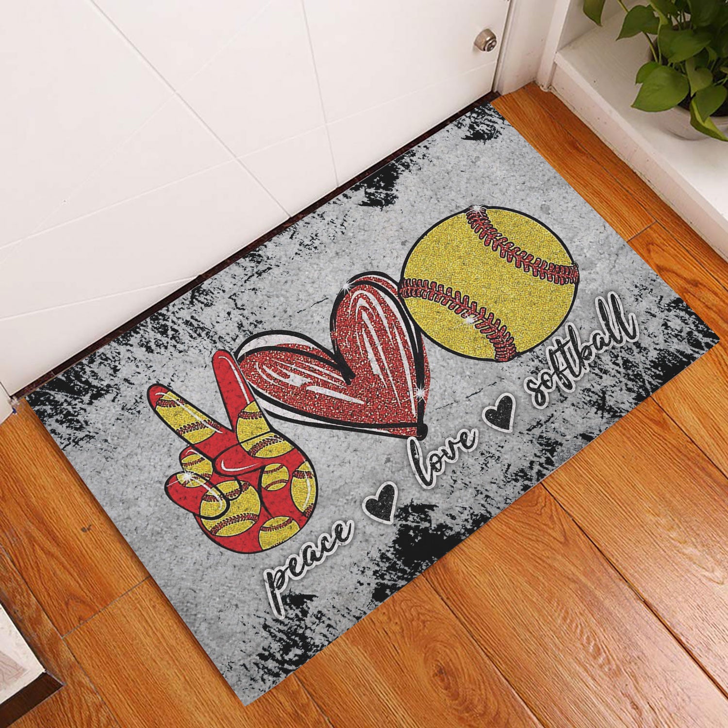 Ohaprints-Doormat-Outdoor-Indoor-Peace-Love-Softball-Unique-Gift-For-Sport-Lover-Grey-Pattern-Rubber-Door-Mat-962-