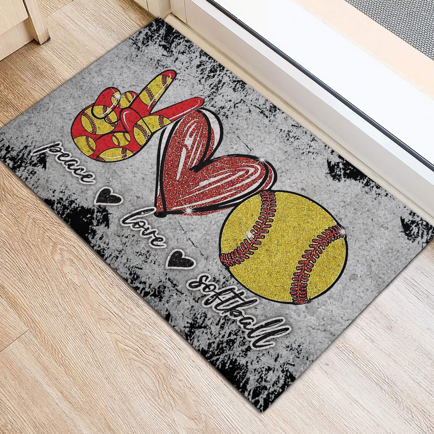 Ohaprints-Doormat-Outdoor-Indoor-Peace-Love-Softball-Unique-Gift-For-Sport-Lover-Grey-Pattern-Rubber-Door-Mat-962-