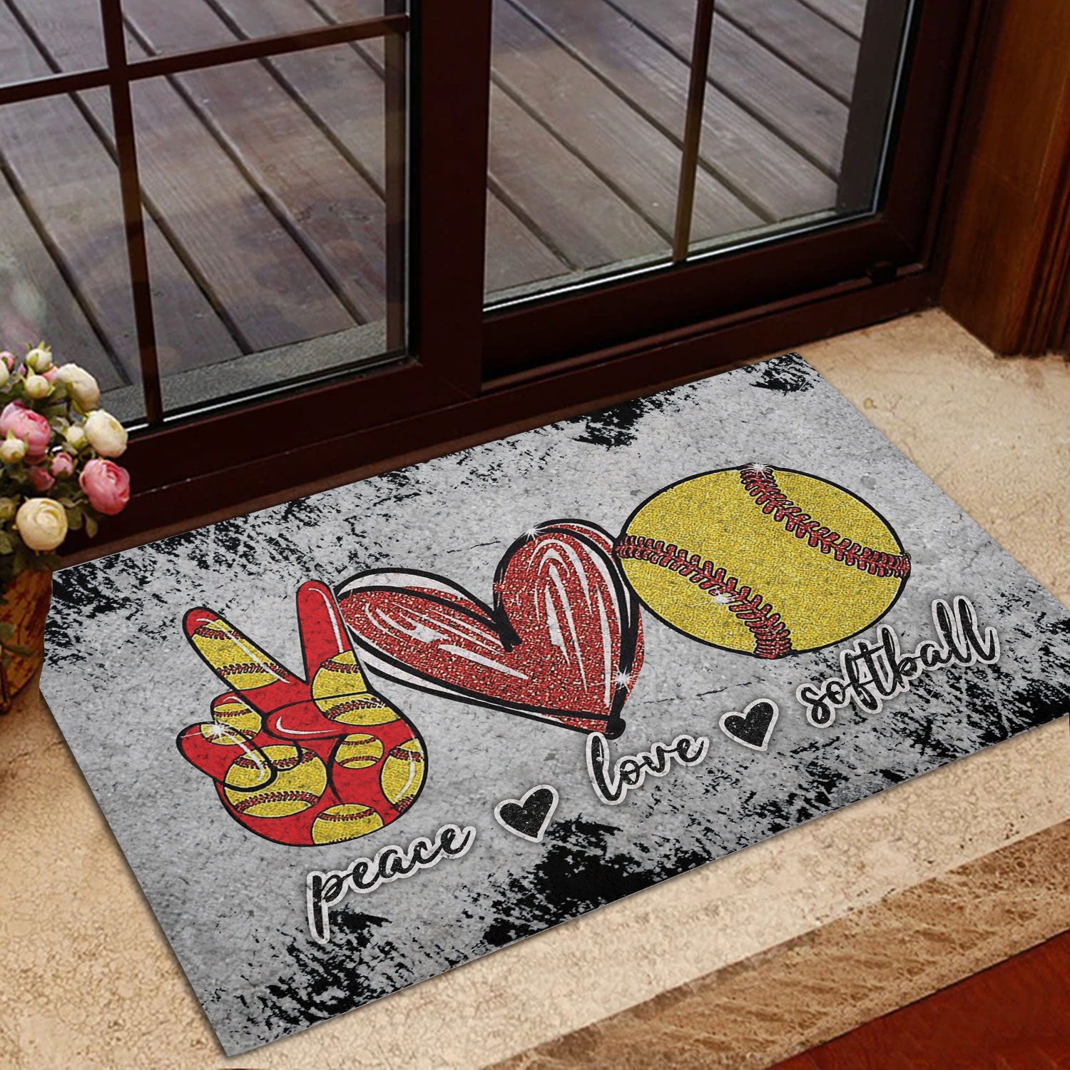 Ohaprints-Doormat-Outdoor-Indoor-Peace-Love-Softball-Unique-Gift-For-Sport-Lover-Grey-Pattern-Rubber-Door-Mat-962-