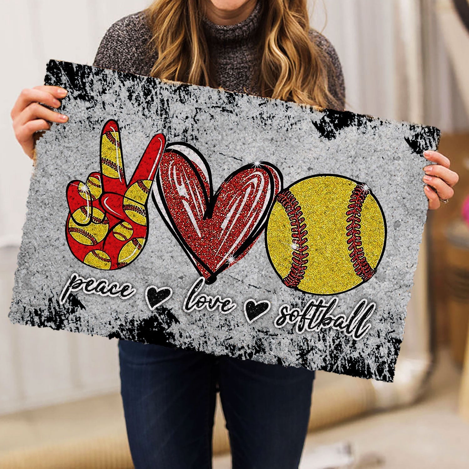 Ohaprints-Doormat-Outdoor-Indoor-Peace-Love-Softball-Unique-Gift-For-Sport-Lover-Grey-Pattern-Rubber-Door-Mat-962-