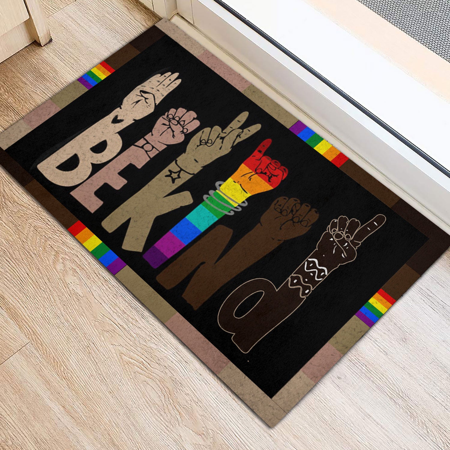 Ohaprints-Doormat-Outdoor-Indoor-Lgbt-Lgbtq-Be-Kind-Hand-Pride-Month-Love-Is-Love-Rainbow-Flag-Rubber-Door-Mat-970-