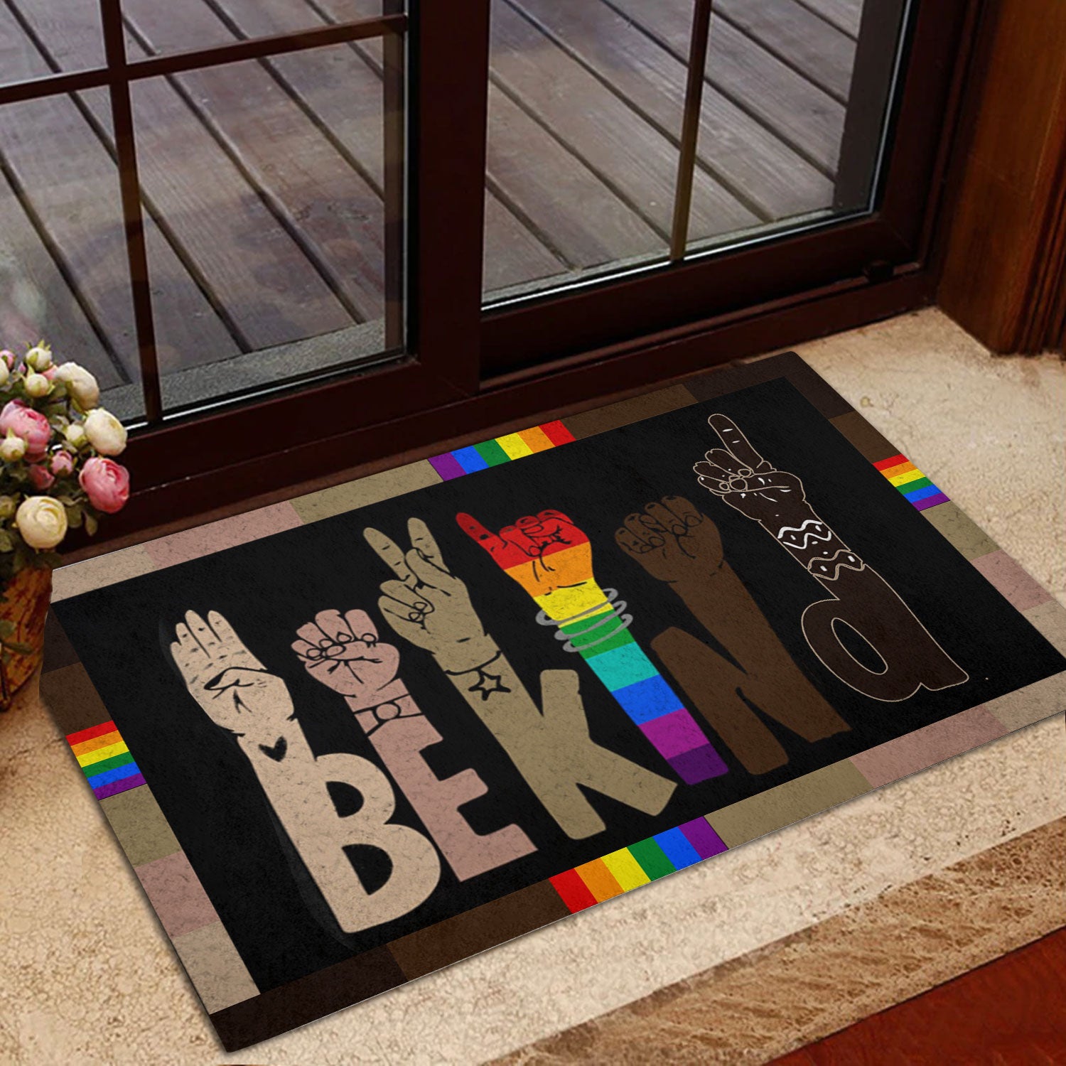 Ohaprints-Doormat-Outdoor-Indoor-Lgbt-Lgbtq-Be-Kind-Hand-Pride-Month-Love-Is-Love-Rainbow-Flag-Rubber-Door-Mat-970-