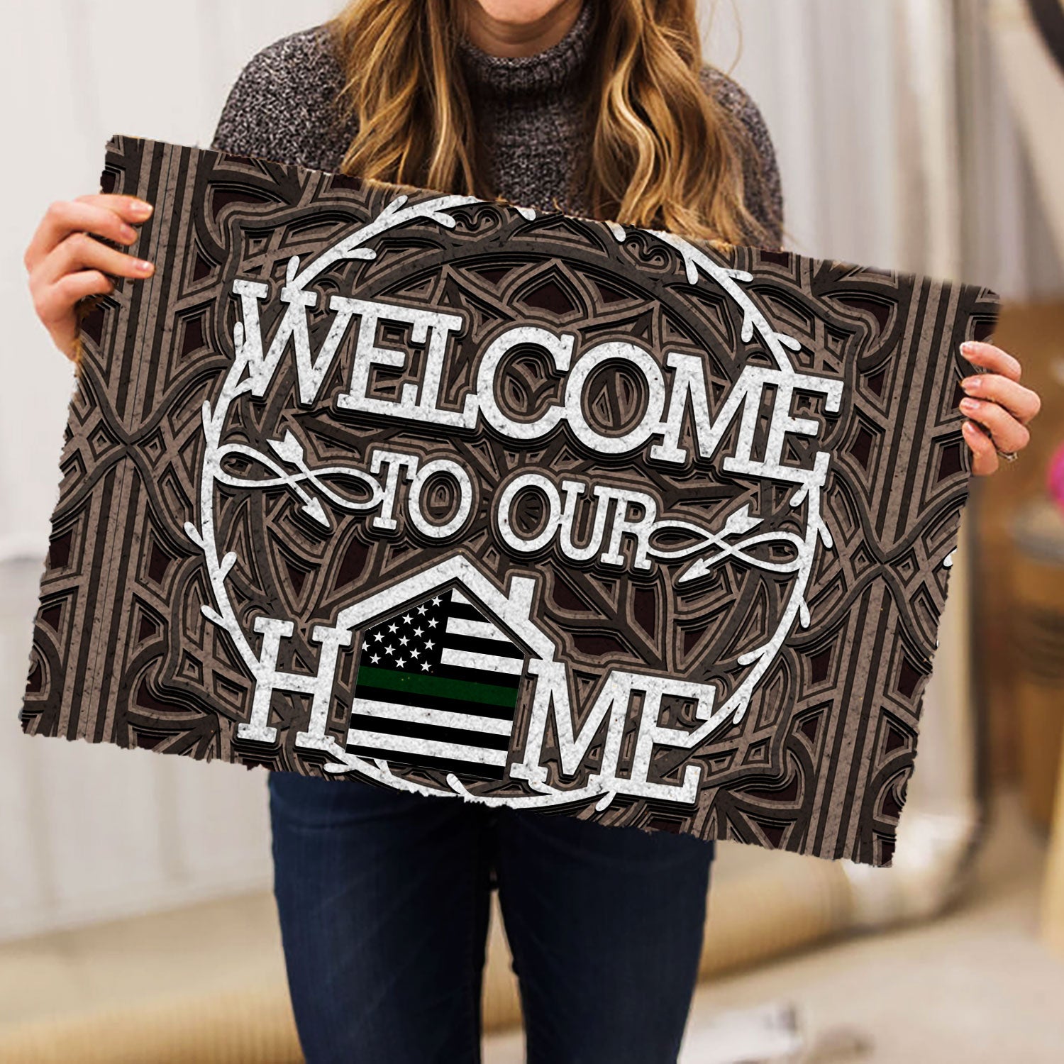 Ohaprints-Doormat-Outdoor-Indoor-Proud-Veteran-Welcome-To-Our-Home-Thin-Green-Line-American-Flag-Rubber-Door-Mat-974-