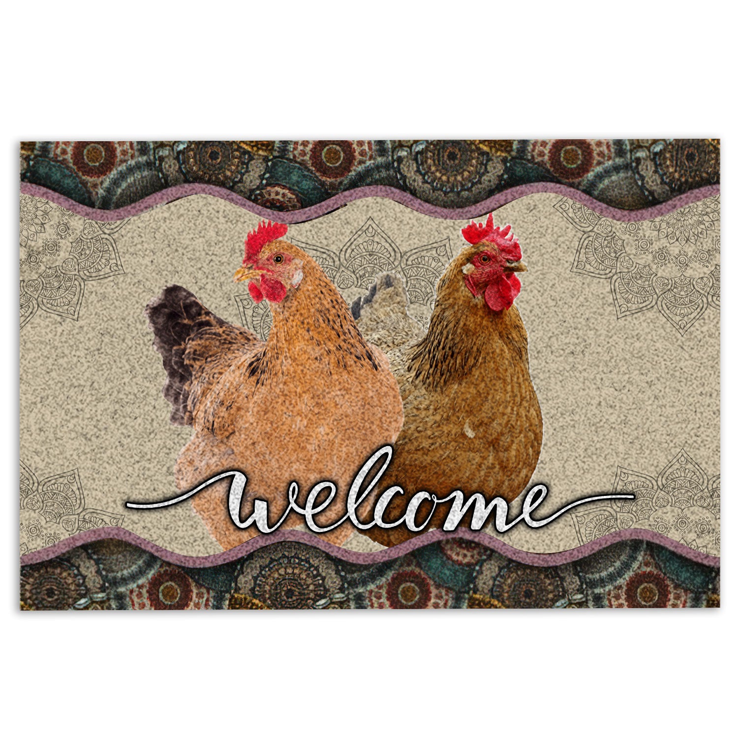 Ohaprints-Doormat-Outdoor-Indoor-Two-Chicken-Mandala-Pattern-Unique-Gift-For-Farm-Animal-Lover-Rubber-Door-Mat-982-18'' x 30''