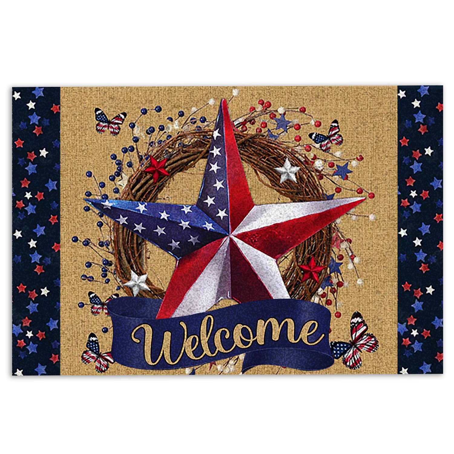 Ohaprints-Doormat-Outdoor-Indoor-America-Star-Wreath-Welcome-American-Us-Flag-Happy-4Th-Of-July-Rubber-Door-Mat-983-18'' x 30''