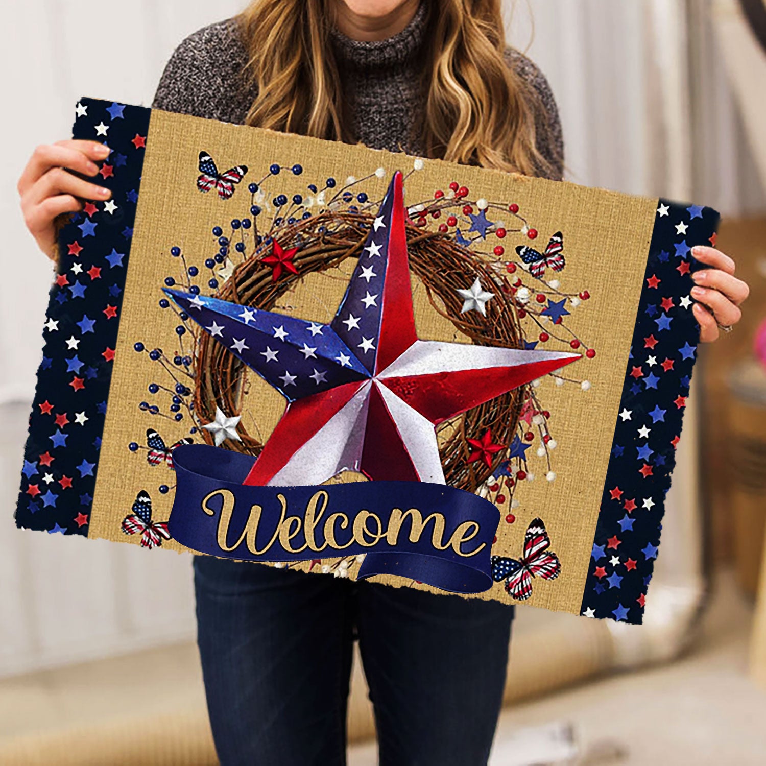 Ohaprints-Doormat-Outdoor-Indoor-America-Star-Wreath-Welcome-American-Us-Flag-Happy-4Th-Of-July-Rubber-Door-Mat-983-