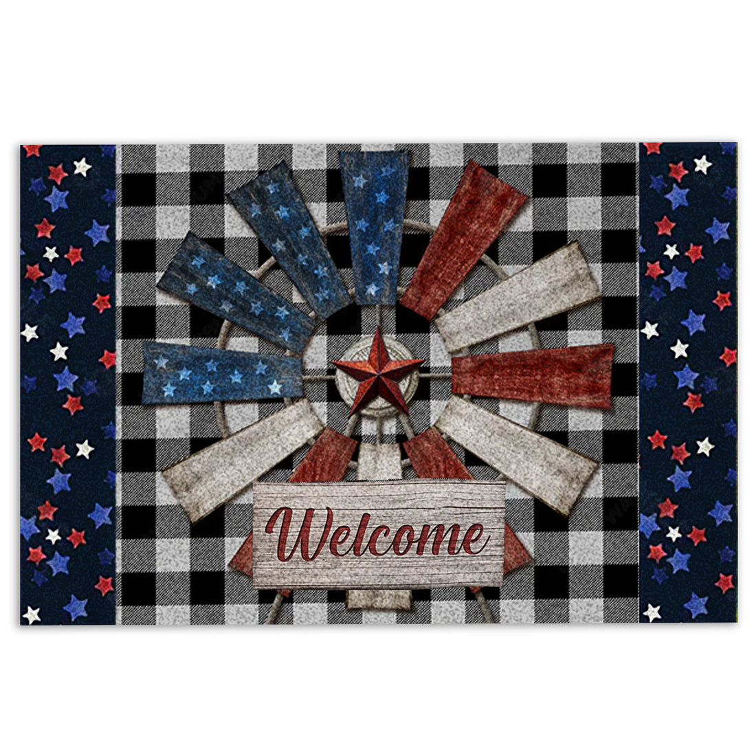 Ohaprints-Doormat-Outdoor-Indoor-Colorful-Windmill-Red-Star-American-Us-Flag-Happy-4Th-Of-July-Rubber-Door-Mat-984-18'' x 30''