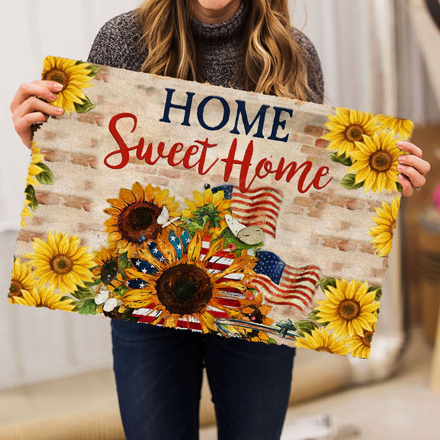 Ohaprints-Doormat-Outdoor-Indoor-Sunflower-Home-Sweet-Home-American-Us-Flag-Floral-Light-Brown-Rubber-Door-Mat-985-