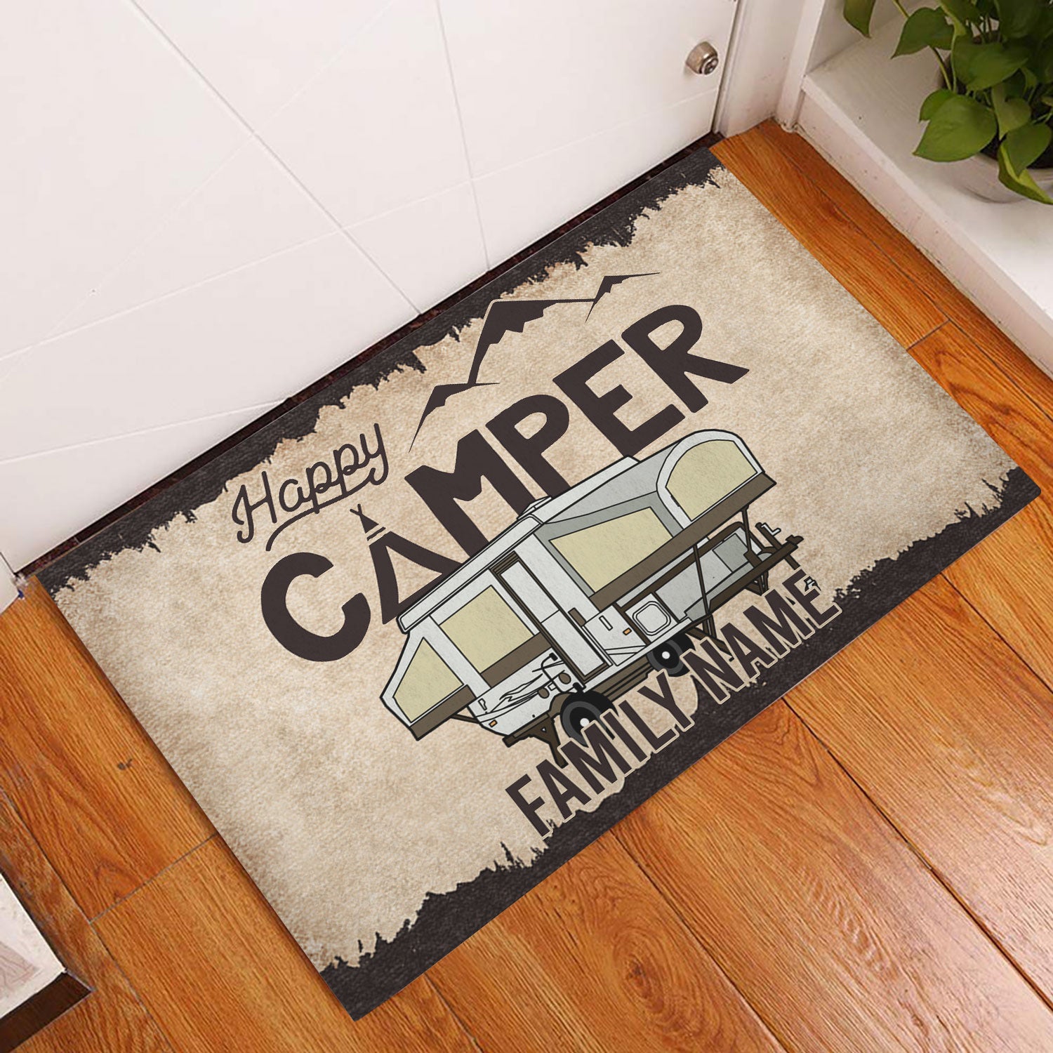 Ohaprints-Doormat-Outdoor-Indoor-Happy-Camper-Popup-Brown-Pattern-Custom-Personalized-Name-Rubber-Door-Mat-481-