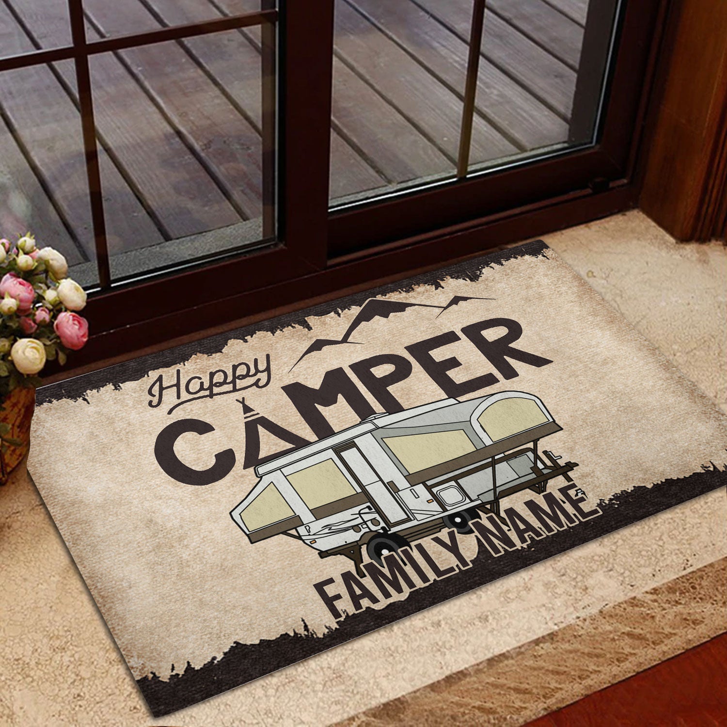 Ohaprints-Doormat-Outdoor-Indoor-Happy-Camper-Popup-Brown-Pattern-Custom-Personalized-Name-Rubber-Door-Mat-481-