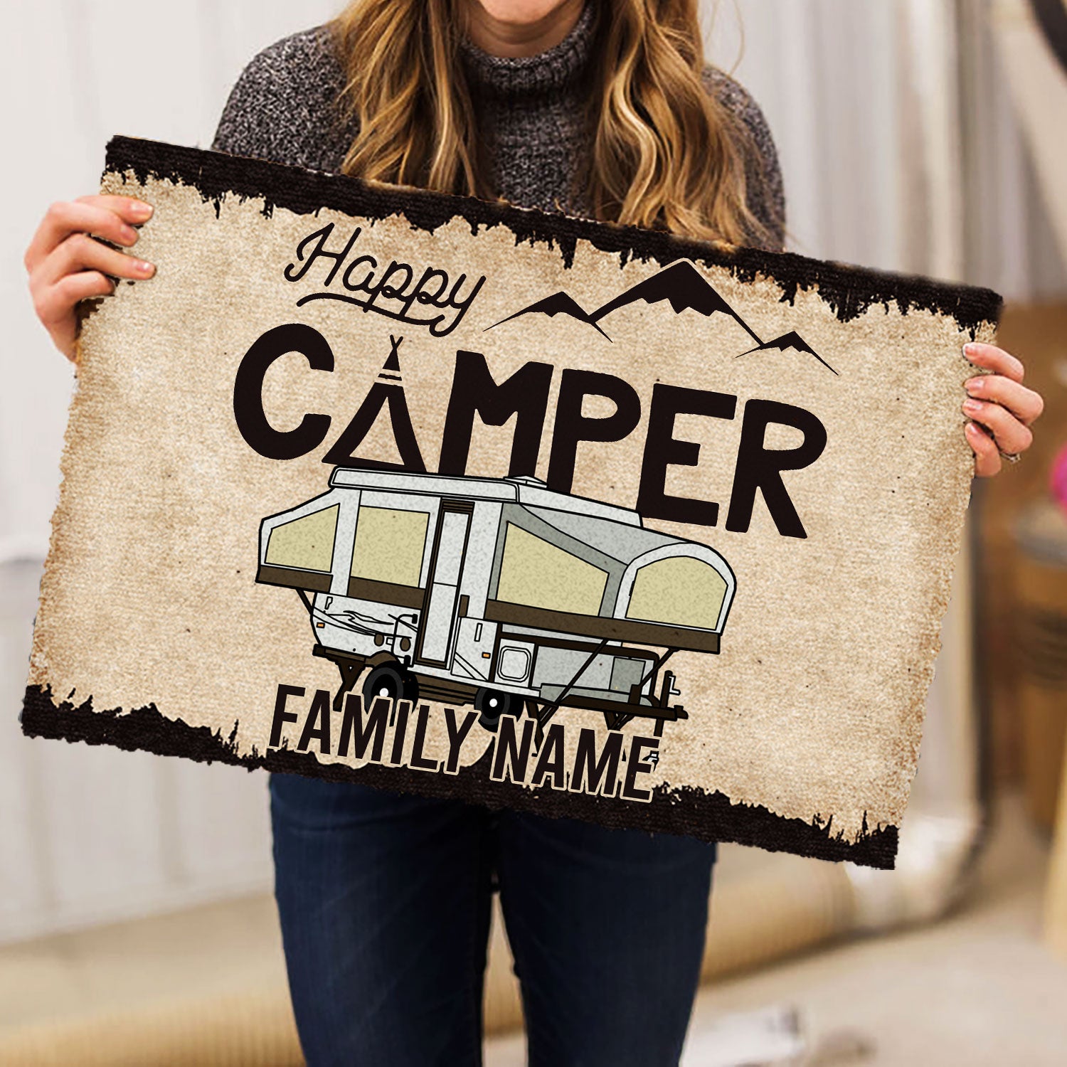 Ohaprints-Doormat-Outdoor-Indoor-Happy-Camper-Popup-Brown-Pattern-Custom-Personalized-Name-Rubber-Door-Mat-481-