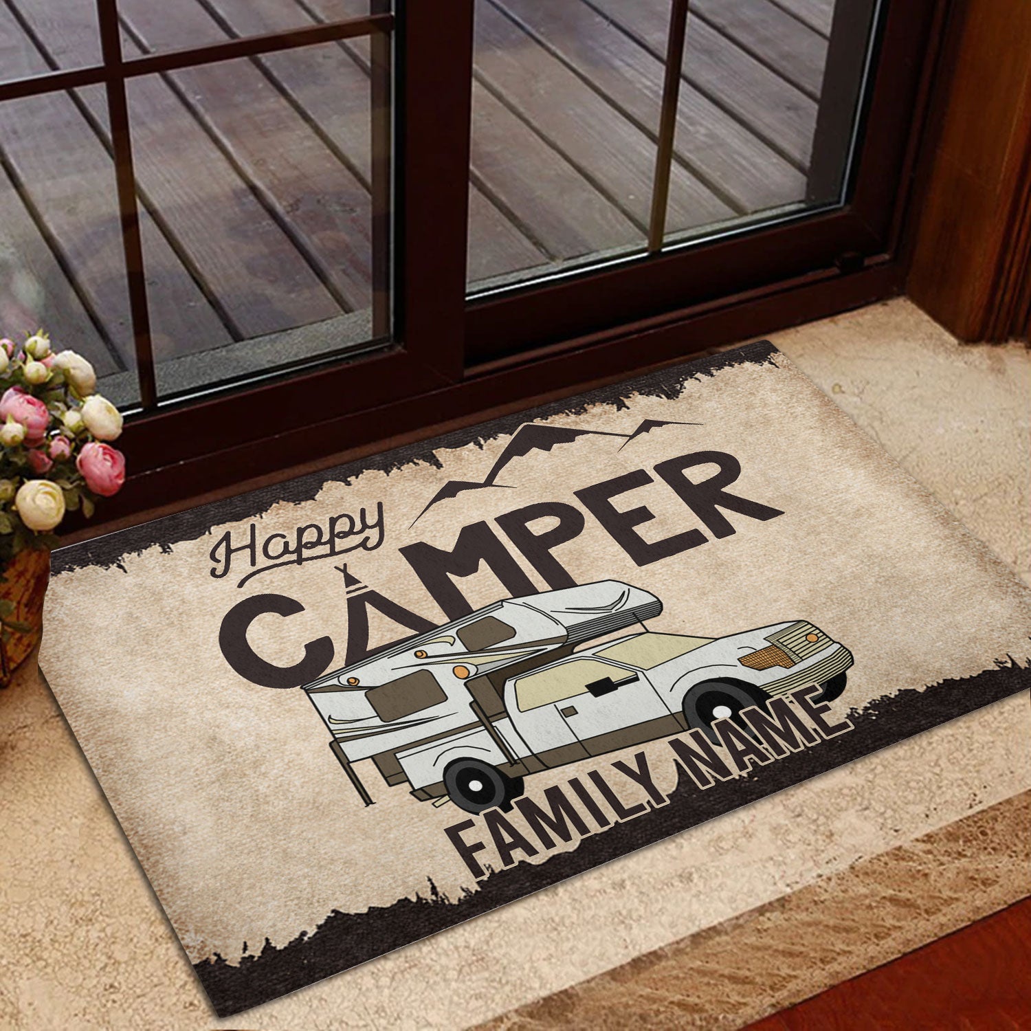 Ohaprints-Doormat-Outdoor-Indoor-Happy-Camper-Camping-Truck-Brown-Custom-Personalized-Name-Rubber-Door-Mat-1016-