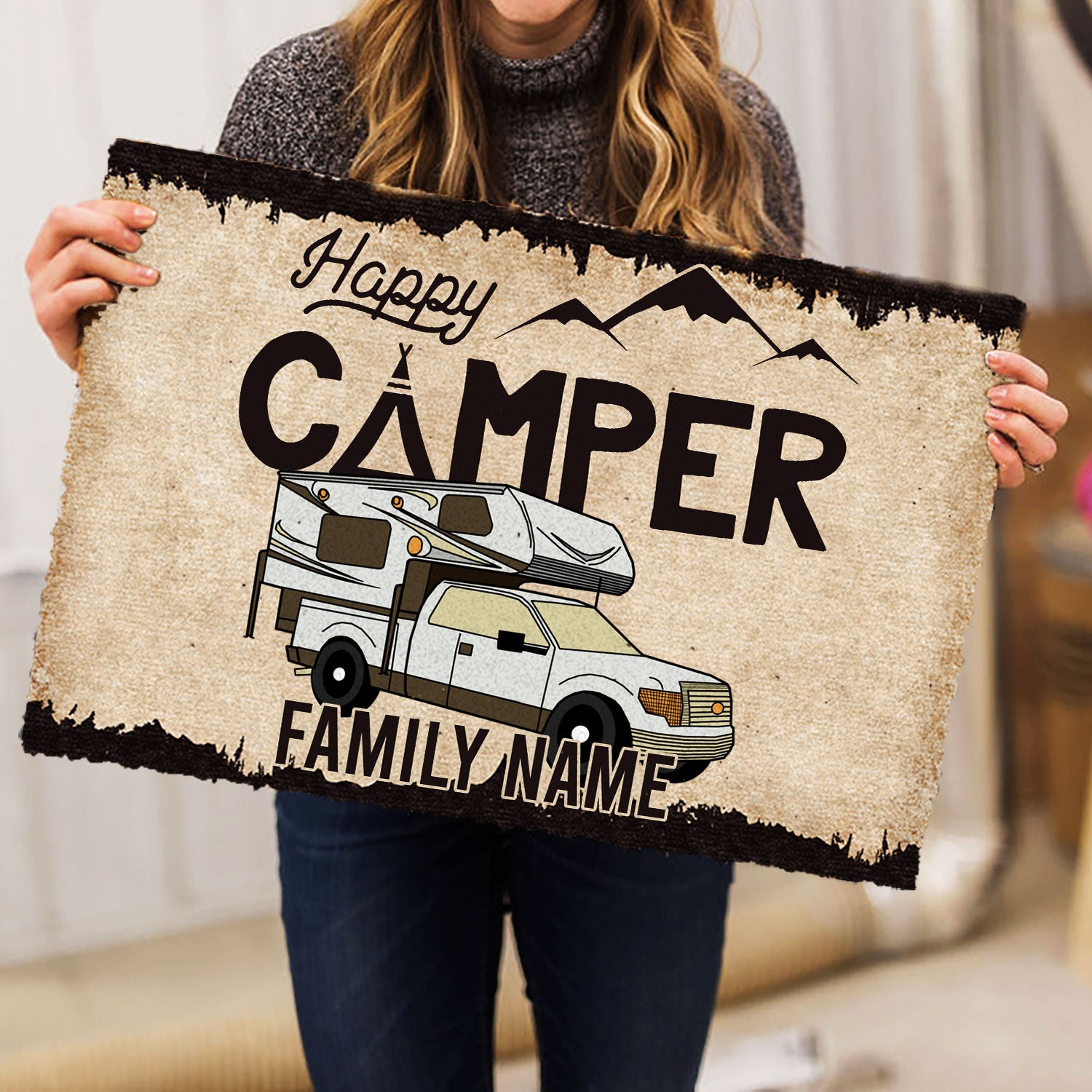 Ohaprints-Doormat-Outdoor-Indoor-Happy-Camper-Camping-Truck-Brown-Custom-Personalized-Name-Rubber-Door-Mat-1016-