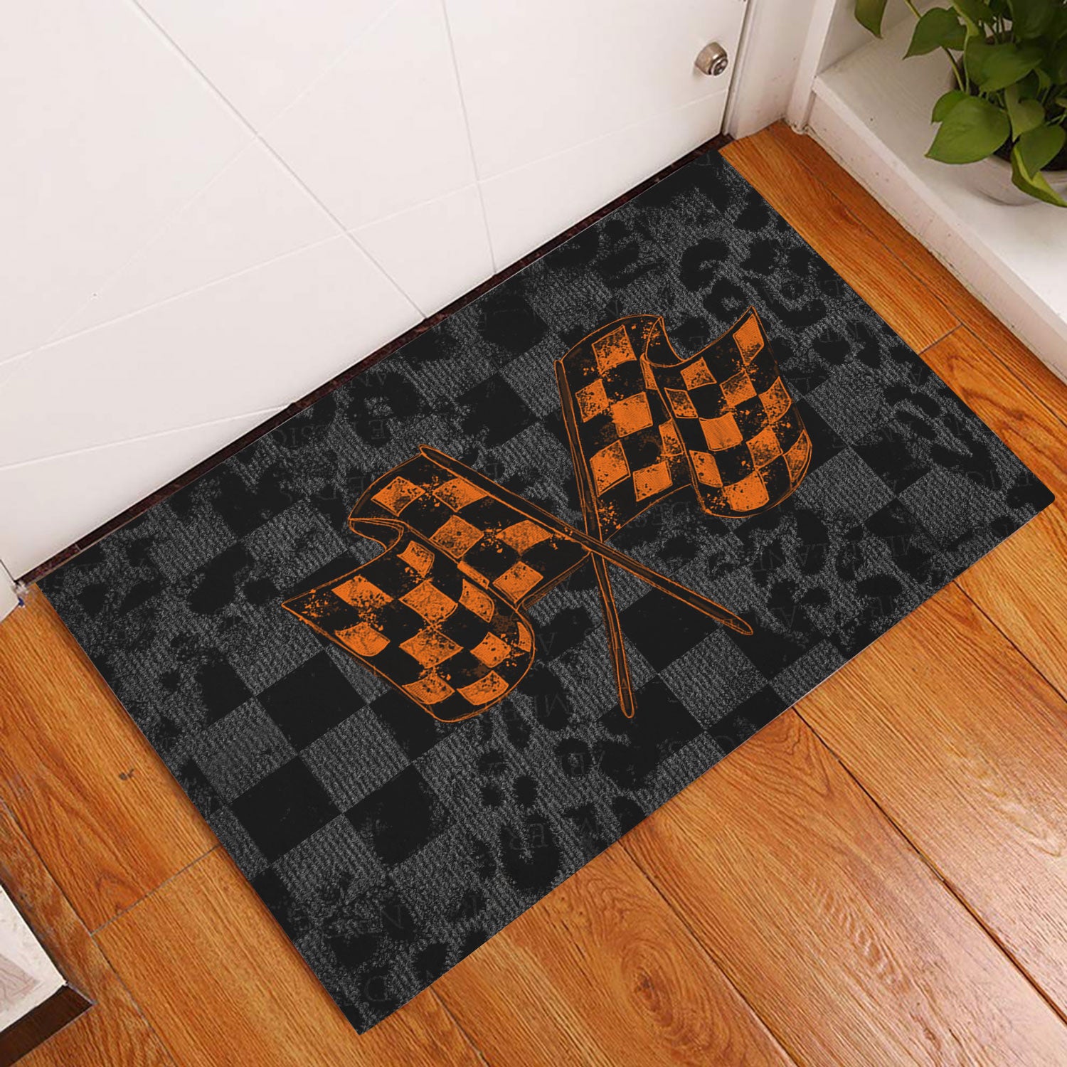 Ohaprints-Doormat-Outdoor-Indoor-Racing-Orange-Checkered-Flag-Crossed-Motorsport-Car-Winner-Rubber-Door-Mat-1104-