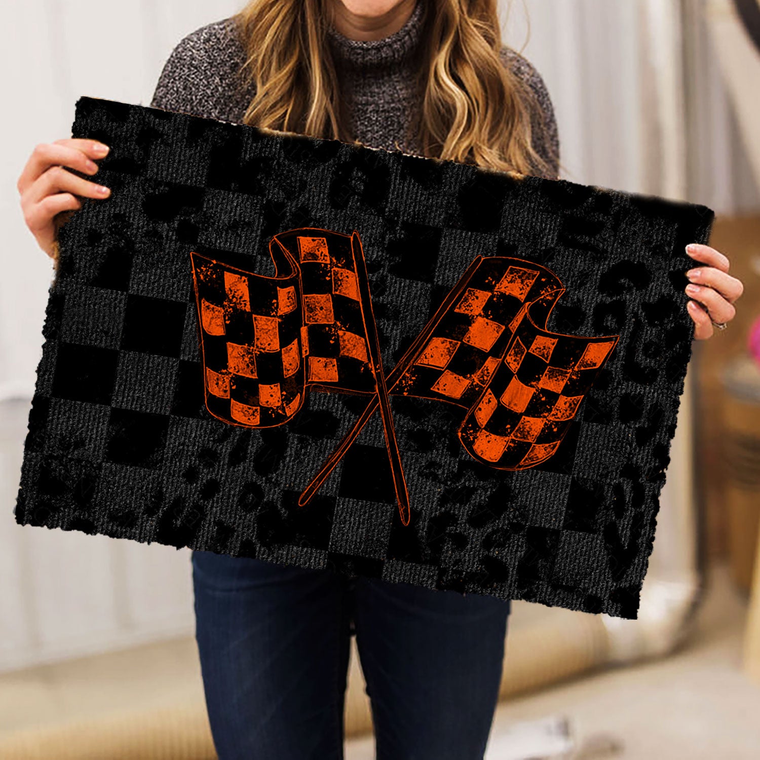 Ohaprints-Doormat-Outdoor-Indoor-Racing-Orange-Checkered-Flag-Crossed-Motorsport-Car-Winner-Rubber-Door-Mat-1104-