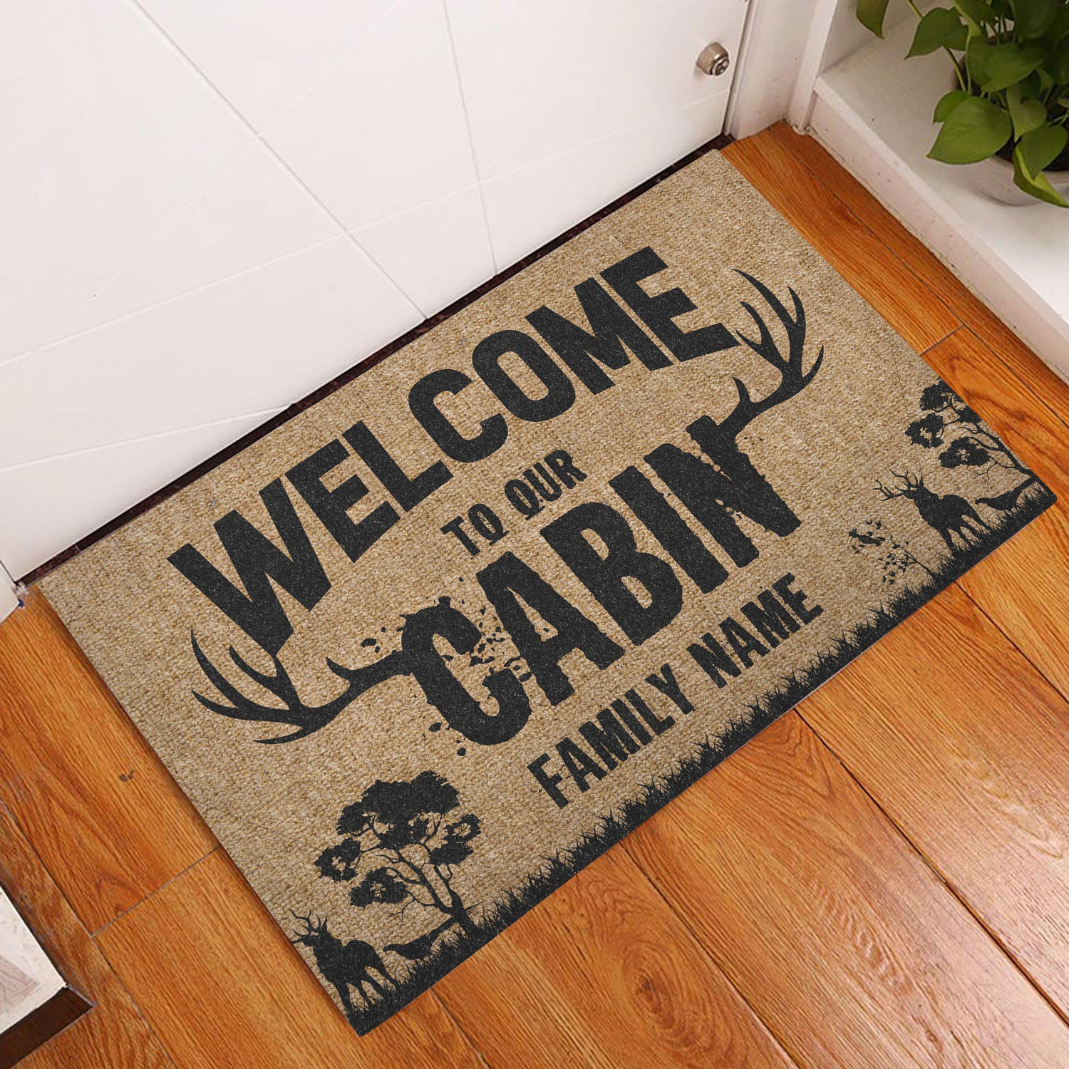 Ohaprints-Doormat-Outdoor-Indoor-Deer-Horn-Hunting-Welcome-To-Our-Cabin-Custom-Personalized-Name-Rubber-Door-Mat-1112-