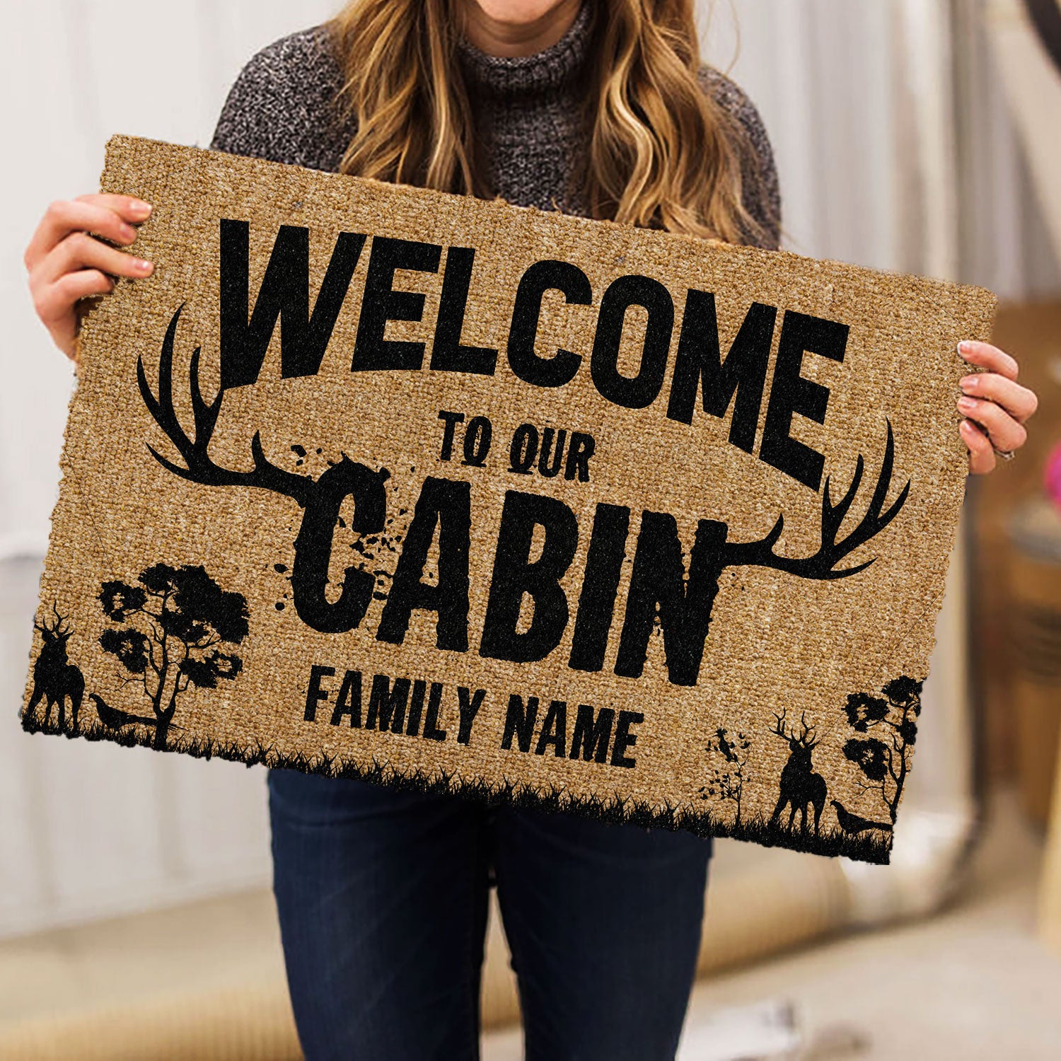 Ohaprints-Doormat-Outdoor-Indoor-Deer-Horn-Hunting-Welcome-To-Our-Cabin-Custom-Personalized-Name-Rubber-Door-Mat-1112-