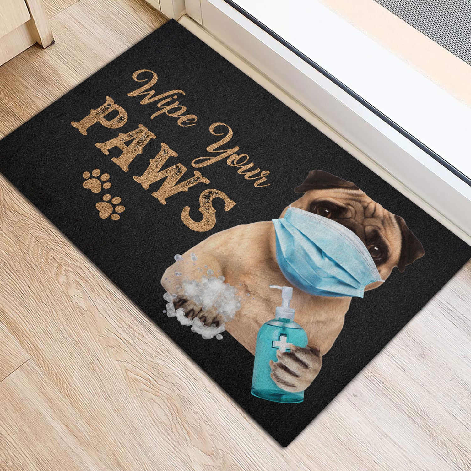 Ohaprints-Doormat-Outdoor-Indoor-Funny-Pug-Dog-Puppy-Wearing-Face-Mask-Wipe-Your-Paws-Black-Rubber-Door-Mat-1188-