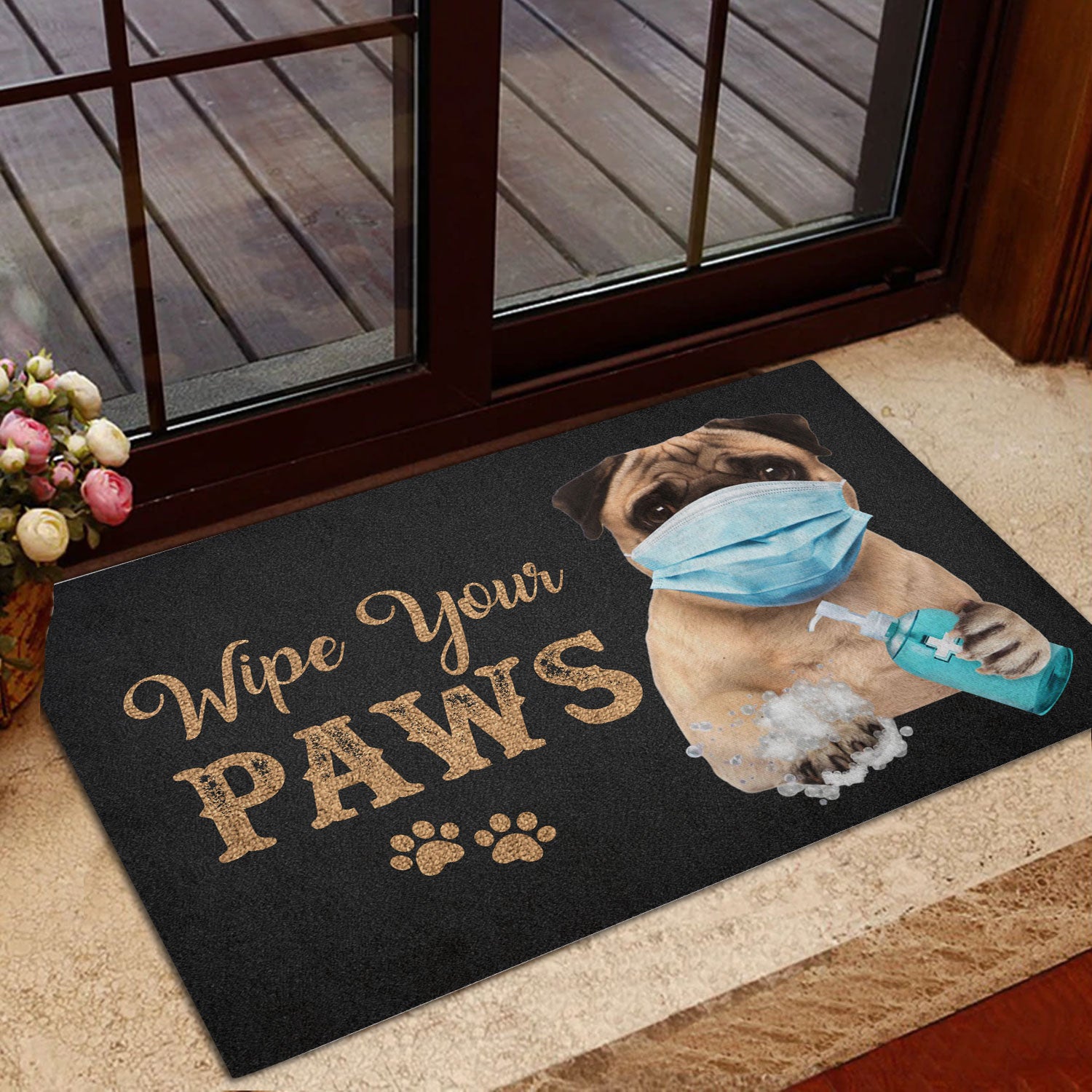 Ohaprints-Doormat-Outdoor-Indoor-Funny-Pug-Dog-Puppy-Wearing-Face-Mask-Wipe-Your-Paws-Black-Rubber-Door-Mat-1188-