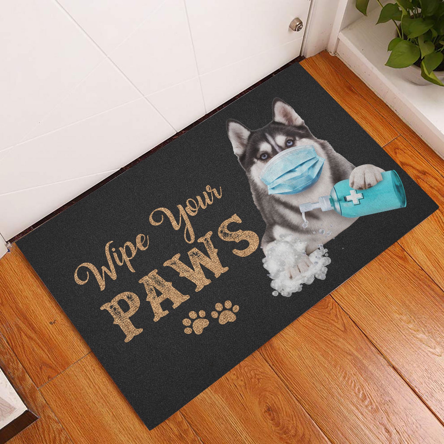 Ohaprints-Doormat-Outdoor-Indoor-Funny-Husky-Sibir-Dog-Puppy-Wearing-Face-Mask-Wipe-Your-Paws-Rubber-Door-Mat-1190-