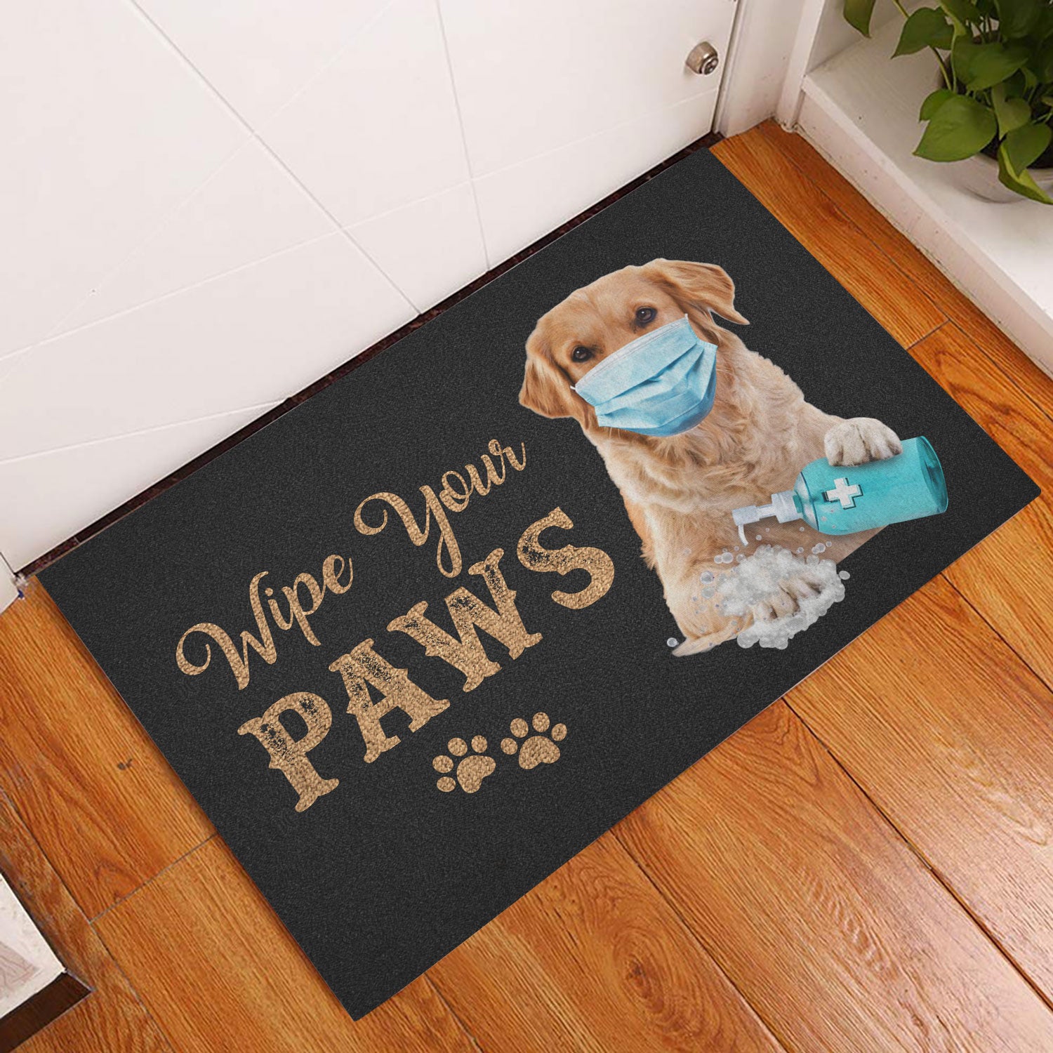 Ohaprints-Doormat-Outdoor-Indoor-Funny-Golden-Retriever-Dog-Wearing-Face-Mask-Wipe-Your-Paws-Rubber-Door-Mat-1191-