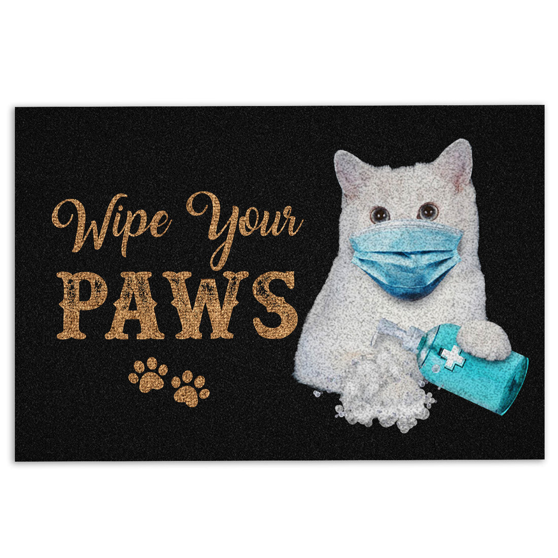 Ohaprints-Doormat-Outdoor-Indoor-Funny-White-Cat-Kitten-Wearing-Face-Mask-Wipe-Your-Paws-Black-Rubber-Door-Mat-1193-18'' x 30''