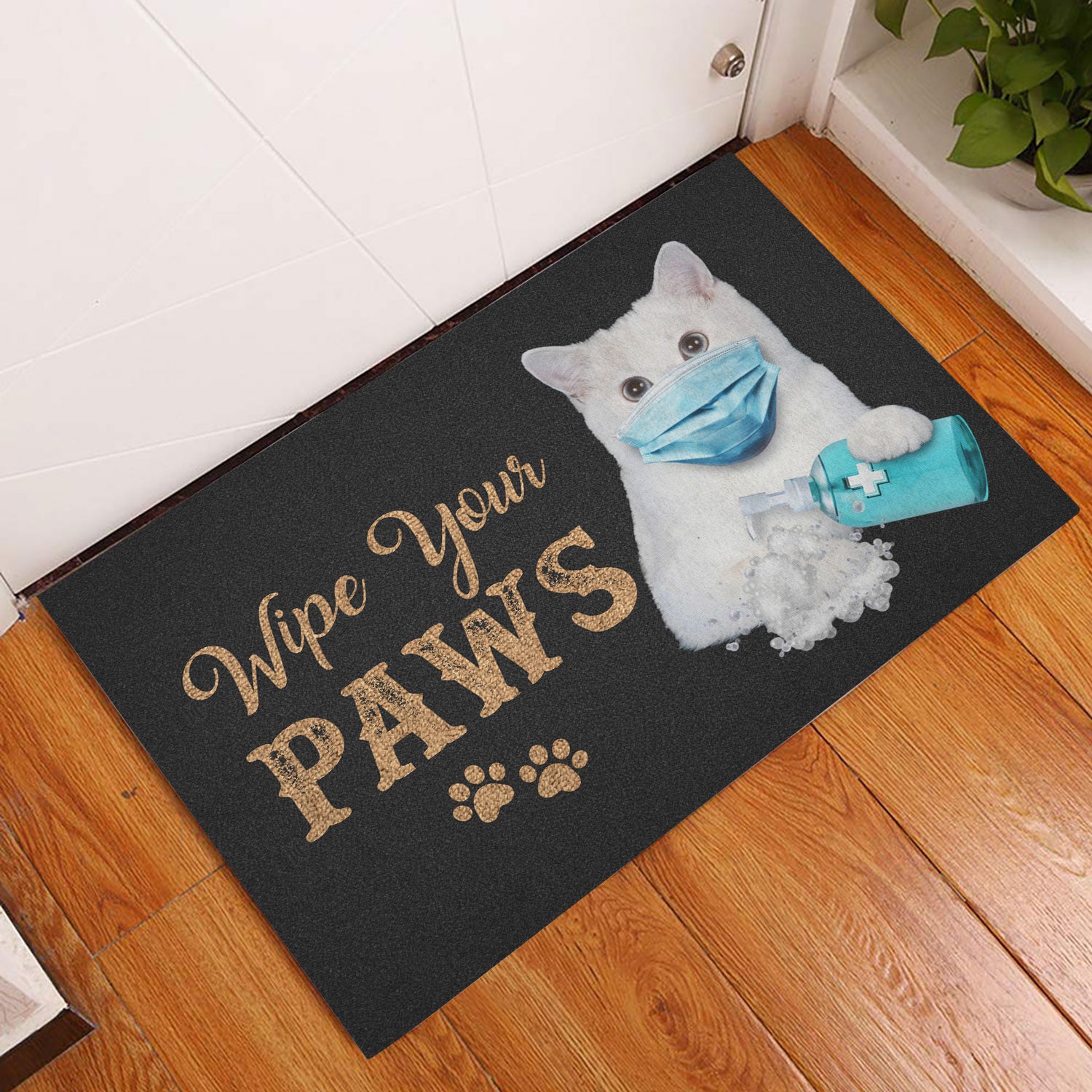 Ohaprints-Doormat-Outdoor-Indoor-Funny-White-Cat-Kitten-Wearing-Face-Mask-Wipe-Your-Paws-Black-Rubber-Door-Mat-1193-