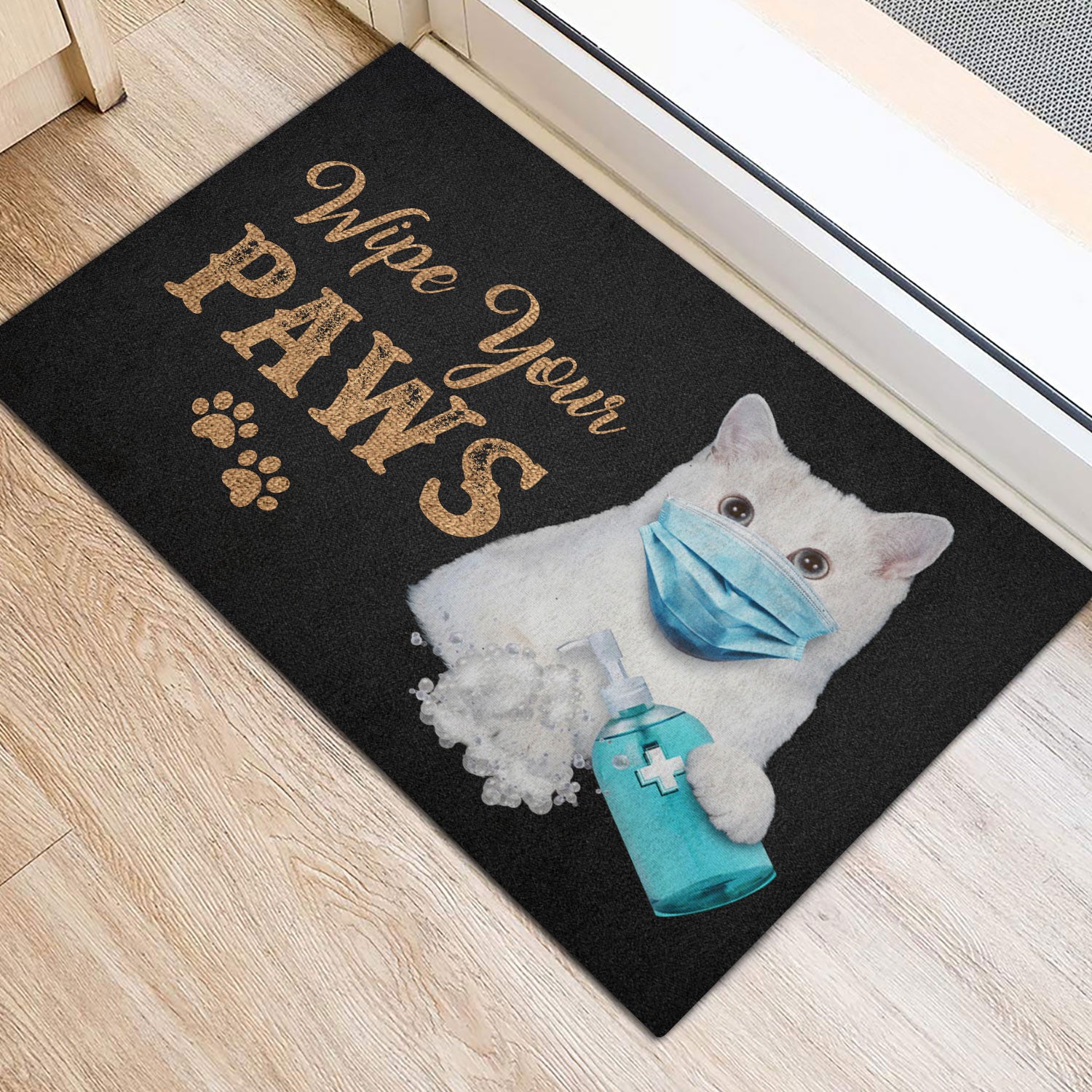 Ohaprints-Doormat-Outdoor-Indoor-Funny-White-Cat-Kitten-Wearing-Face-Mask-Wipe-Your-Paws-Black-Rubber-Door-Mat-1193-