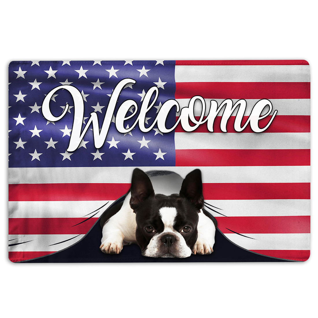 Ohaprints-Doormat-Outdoor-Indoor-Funny-Boston-Terrier-Dog-Welcome-American-Flag-Usa-Patriotic-Rubber-Door-Mat-80-18'' x 30''
