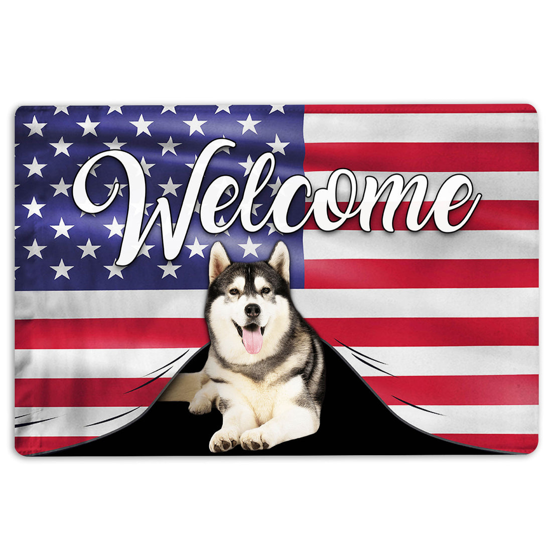 Ohaprints-Doormat-Outdoor-Indoor-Funny-Husky-Sibir-Dog-Welcome-American-Flag-Usa-Patriotic-Rubber-Door-Mat-92-18'' x 30''