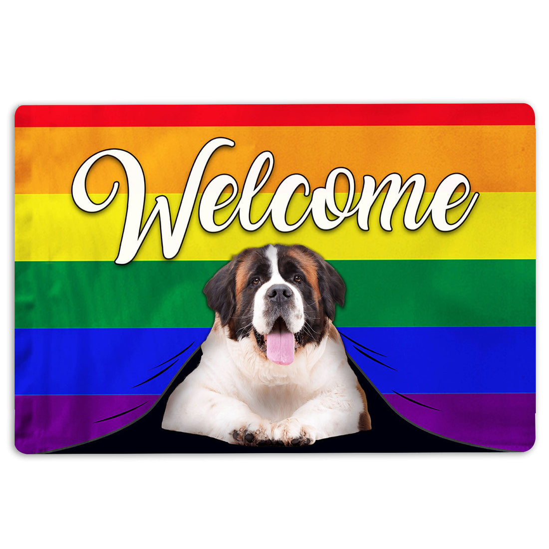Ohaprints-Doormat-Outdoor-Indoor-Lgbt-Saint-Bernard-Dog-Welcome-Pride-Rainbow-Flag-Rubber-Door-Mat-104-18'' x 30''