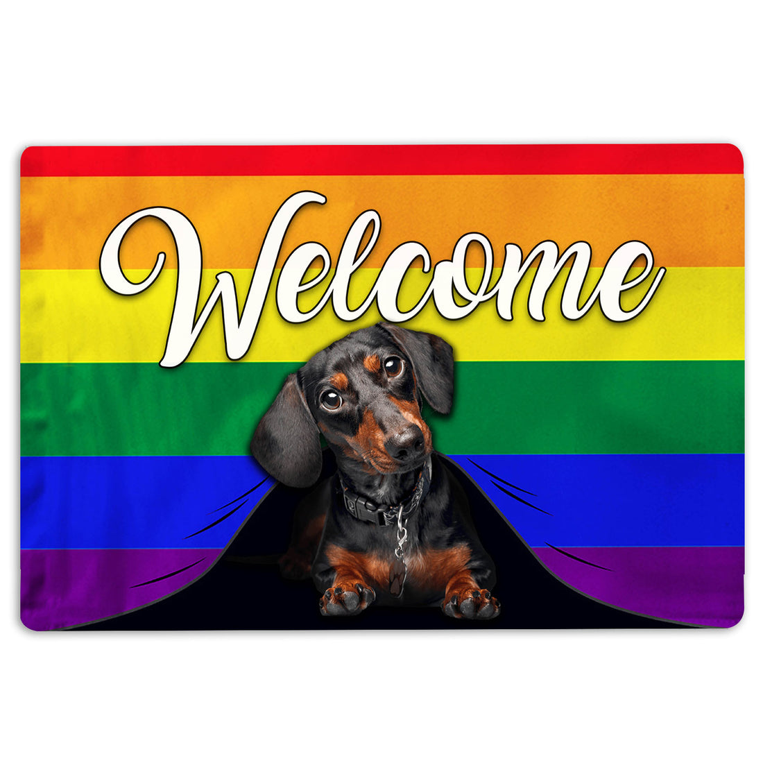 Ohaprints-Doormat-Outdoor-Indoor-Lgbt-Black--Tan-Dachshund-Dog-Welcome-Pride-Rainbow-Flag-Rubber-Door-Mat-113-18'' x 30''