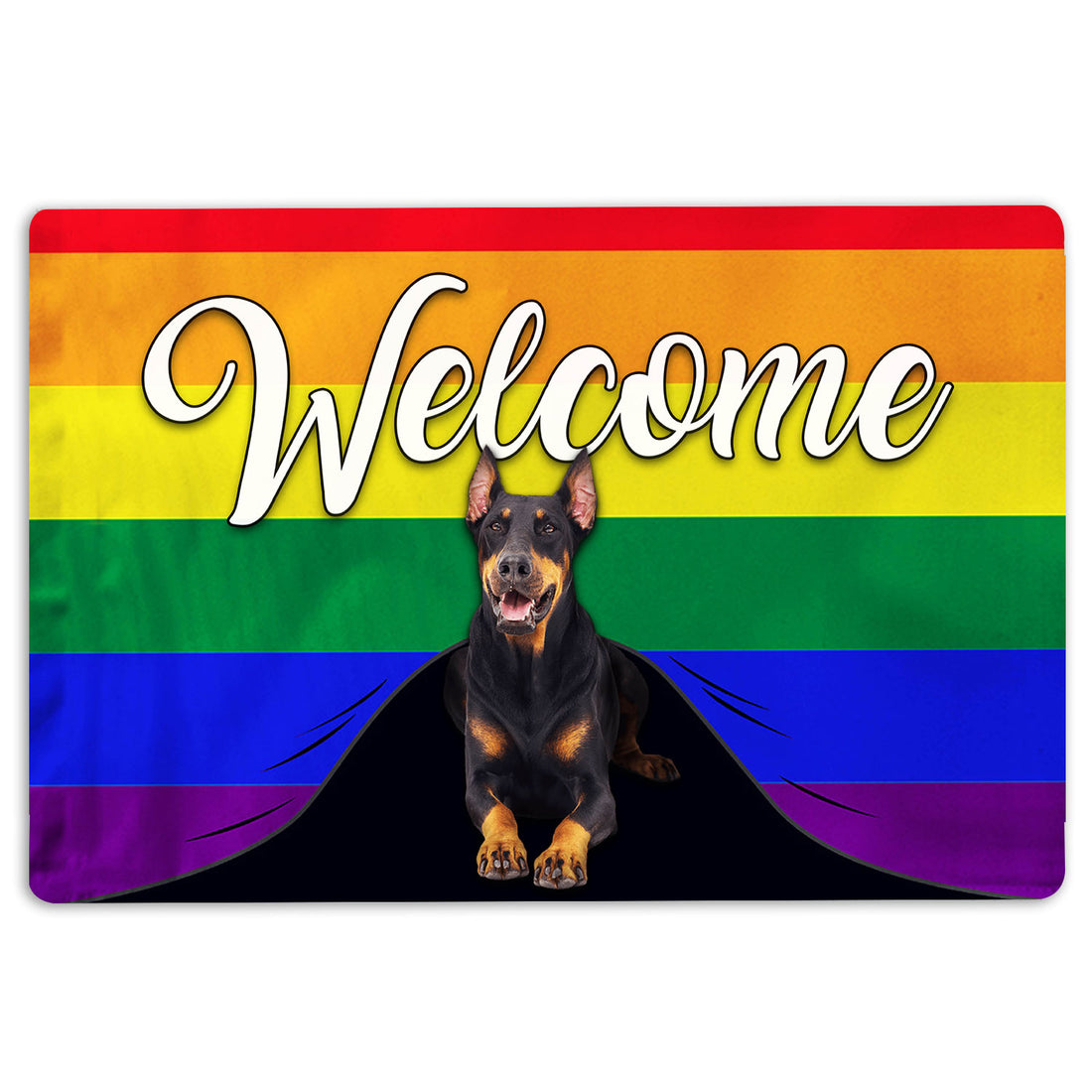 Ohaprints-Doormat-Outdoor-Indoor-Lgbt-Dobermann-Dog-Welcome-Pride-Rainbow-Flag-Rubber-Door-Mat-120-18'' x 30''