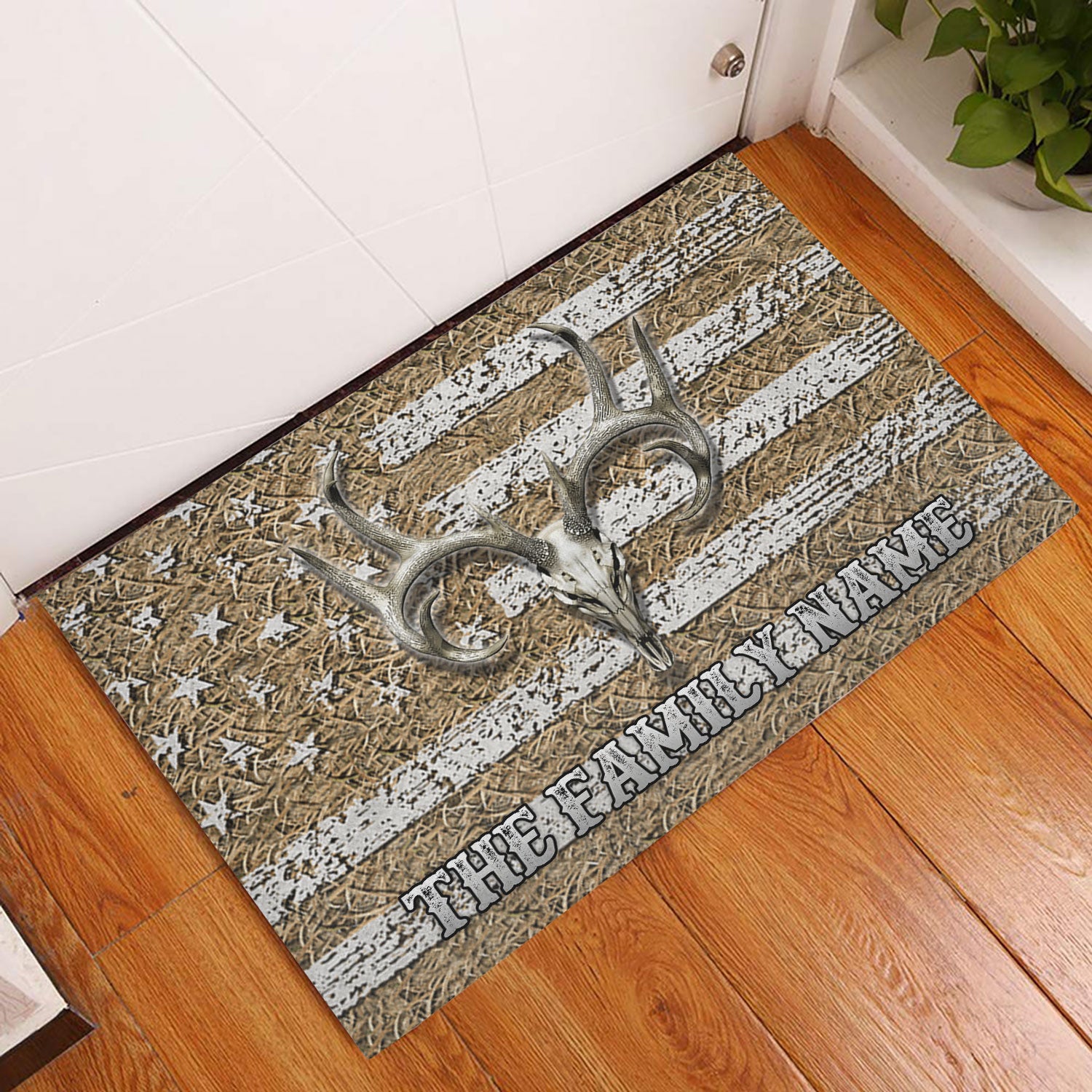 Ohaprints-Doormat-Outdoor-Indoor-Hunting-Deer-Skull-Buck-American-Flag-Custom-Personalized-Name-Rubber-Door-Mat-1195-