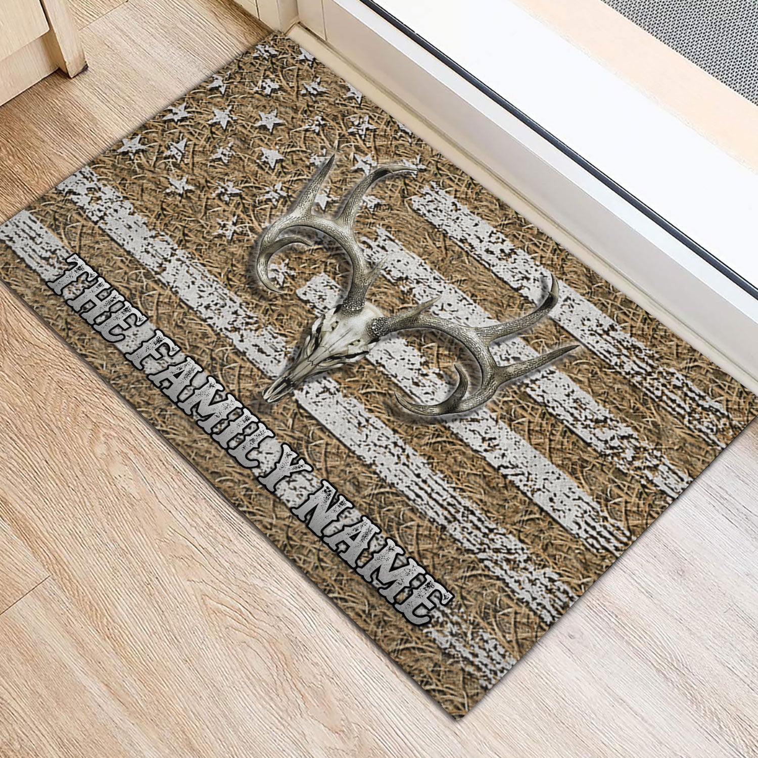 Ohaprints-Doormat-Outdoor-Indoor-Hunting-Deer-Skull-Buck-American-Flag-Custom-Personalized-Name-Rubber-Door-Mat-1195-