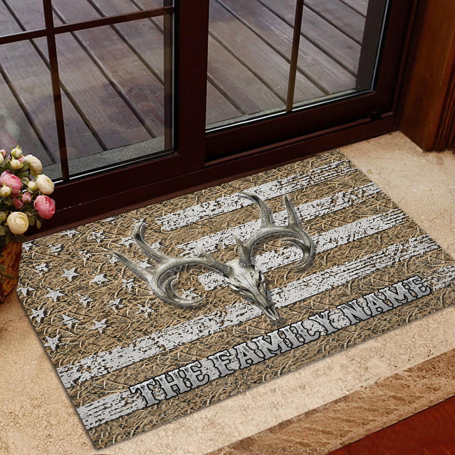 Ohaprints-Doormat-Outdoor-Indoor-Hunting-Deer-Skull-Buck-American-Flag-Custom-Personalized-Name-Rubber-Door-Mat-1195-