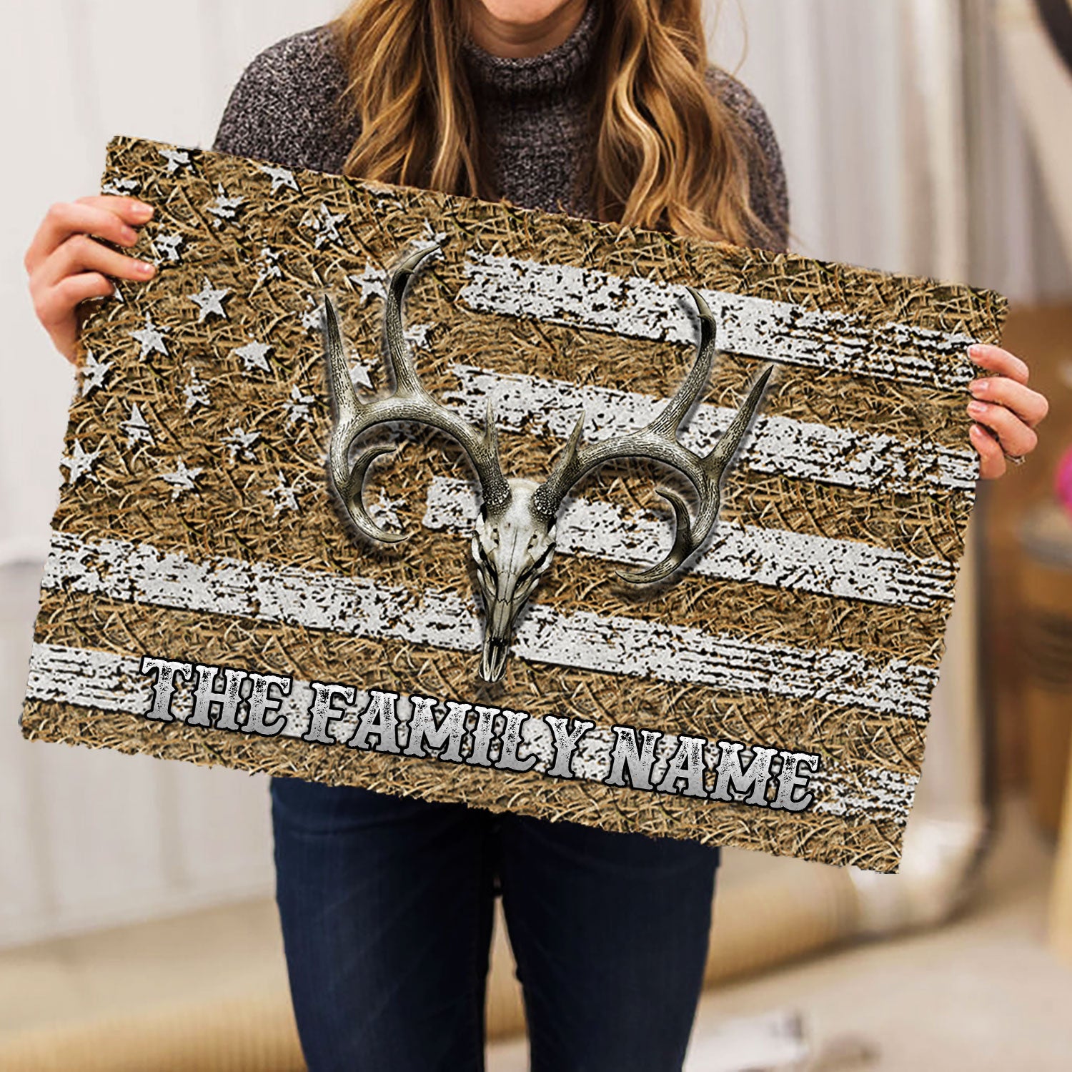 Ohaprints-Doormat-Outdoor-Indoor-Hunting-Deer-Skull-Buck-American-Flag-Custom-Personalized-Name-Rubber-Door-Mat-1195-