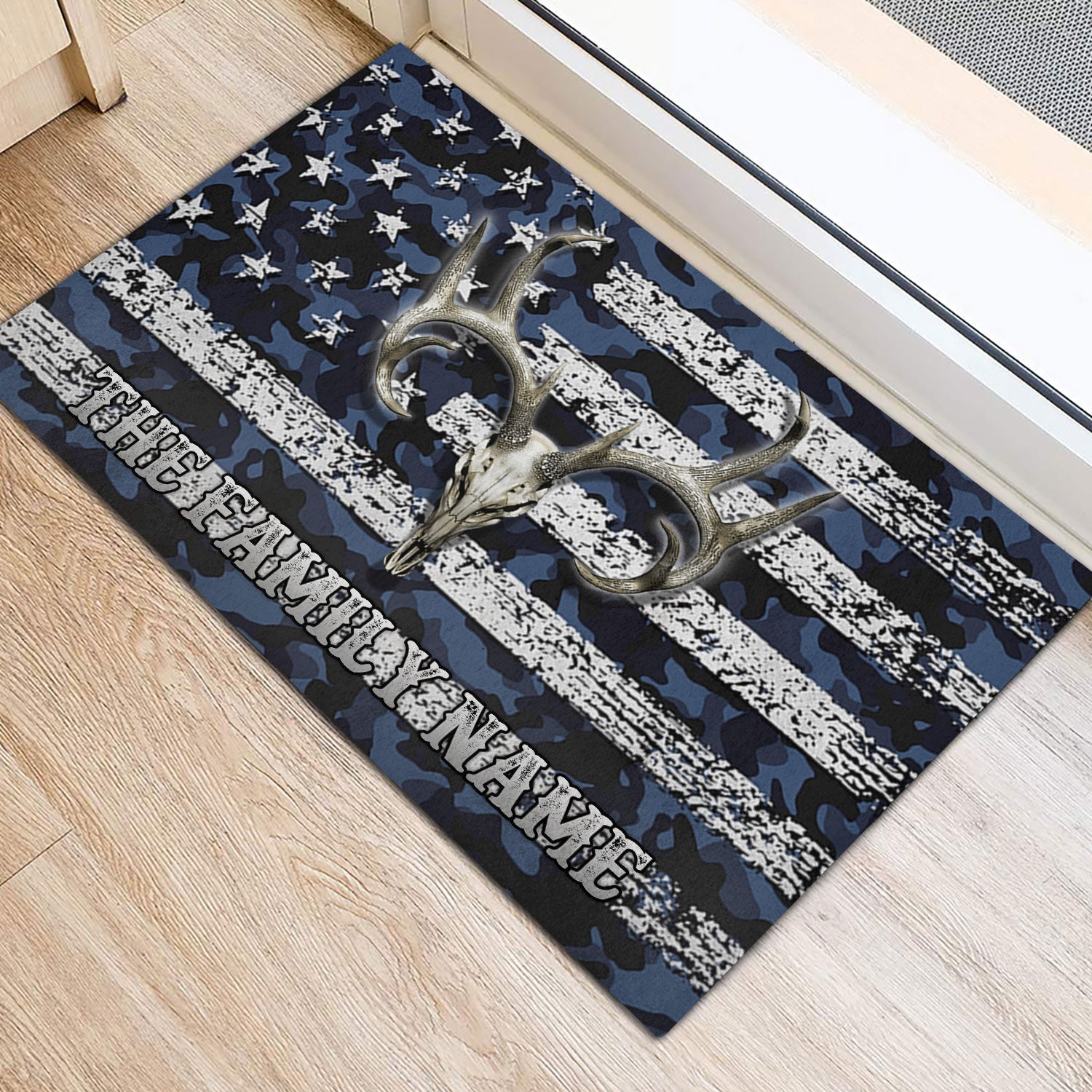 Ohaprints-Doormat-Outdoor-Indoor-Deer-Hunting-Skull-Blue-Camo-Camouflage-Custom-Personalized-Name-Rubber-Door-Mat-1201-