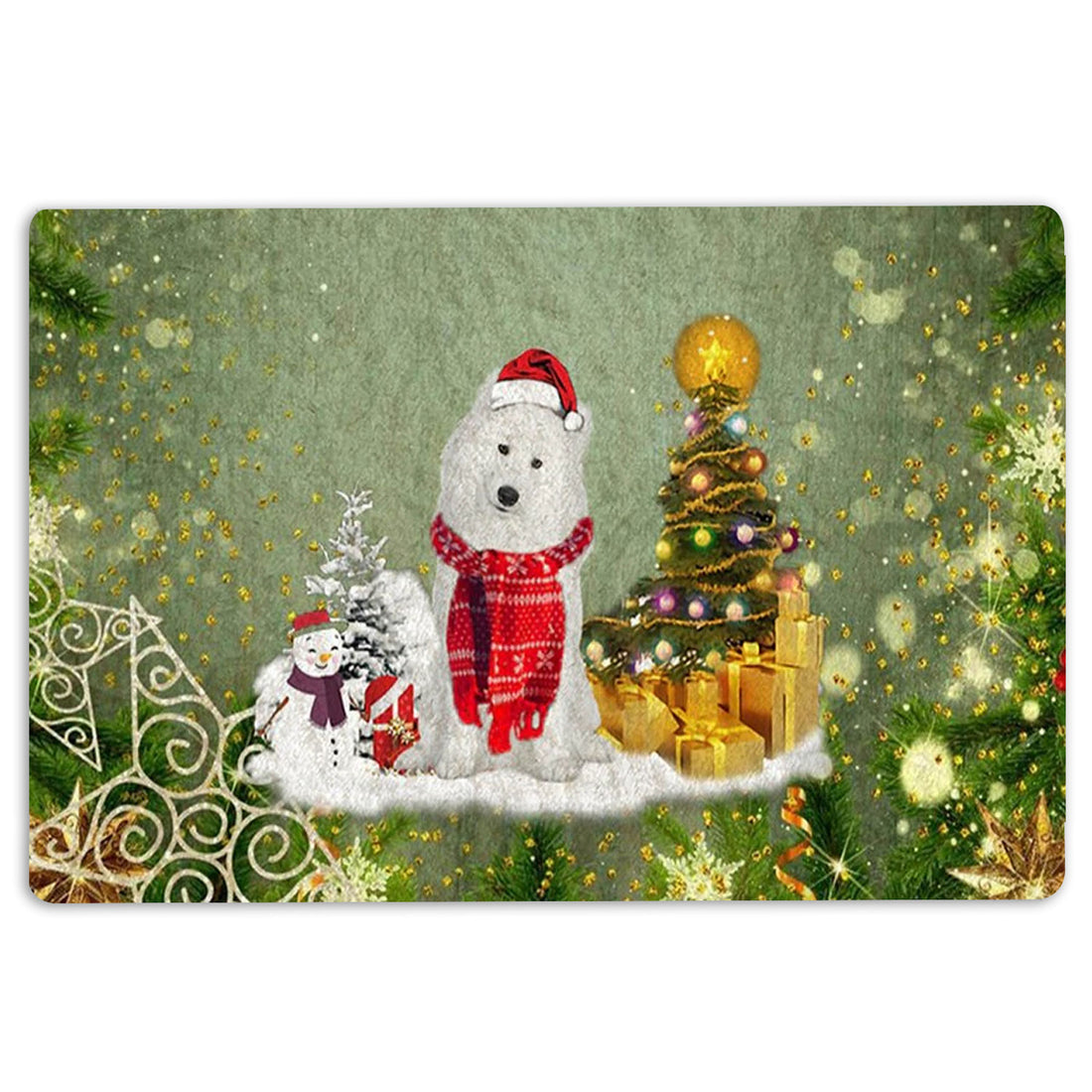 Ohaprints-Doormat-Outdoor-Indoor-Samoyed-Dog-Merry-Christmas-Snow-Christmas-Tree-Xmas-Holidays-Rubber-Door-Mat-1428-18'' x 30''