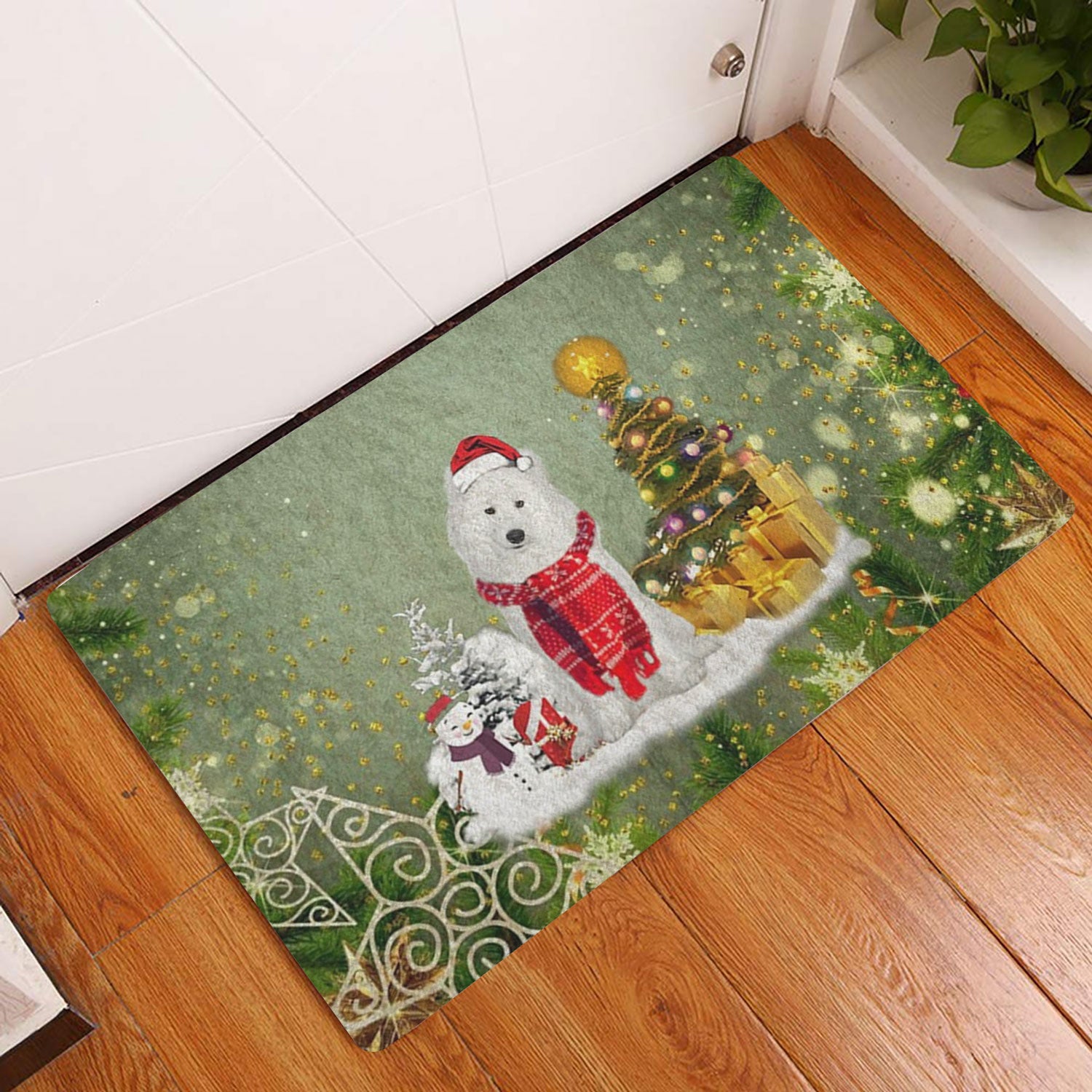 Ohaprints-Doormat-Outdoor-Indoor-Samoyed-Dog-Merry-Christmas-Snow-Christmas-Tree-Xmas-Holidays-Rubber-Door-Mat-1428-