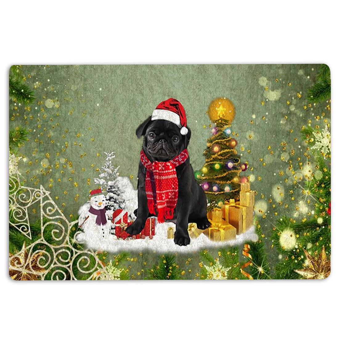 Ohaprints-Doormat-Outdoor-Indoor-Black-Pug-Dog-Merry-Christmas-Snow-Christmas-Tree-Xmas-Holidays-Rubber-Door-Mat-1430-18'' x 30''