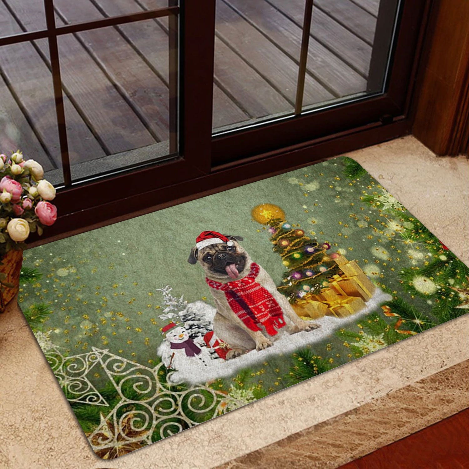 Ohaprints-Doormat-Outdoor-Indoor-Pug-Dog-Merry-Christmas-Snow-Christmas-Tree-Xmas-Holidays-Rubber-Door-Mat-1436-