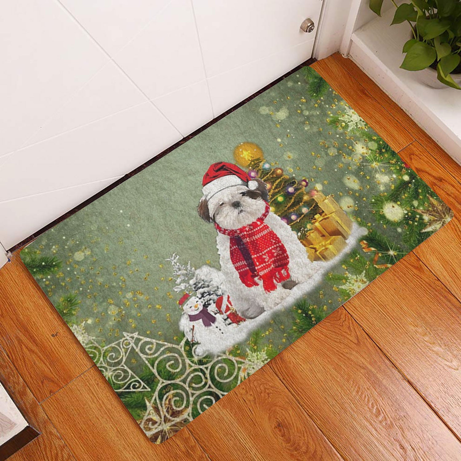 Ohaprints-Doormat-Outdoor-Indoor-Shih-Tzu-Shitzu-Merry-Christmas-Snow-Christmas-Tree-Xmas-Holiday-Rubber-Door-Mat-1457-