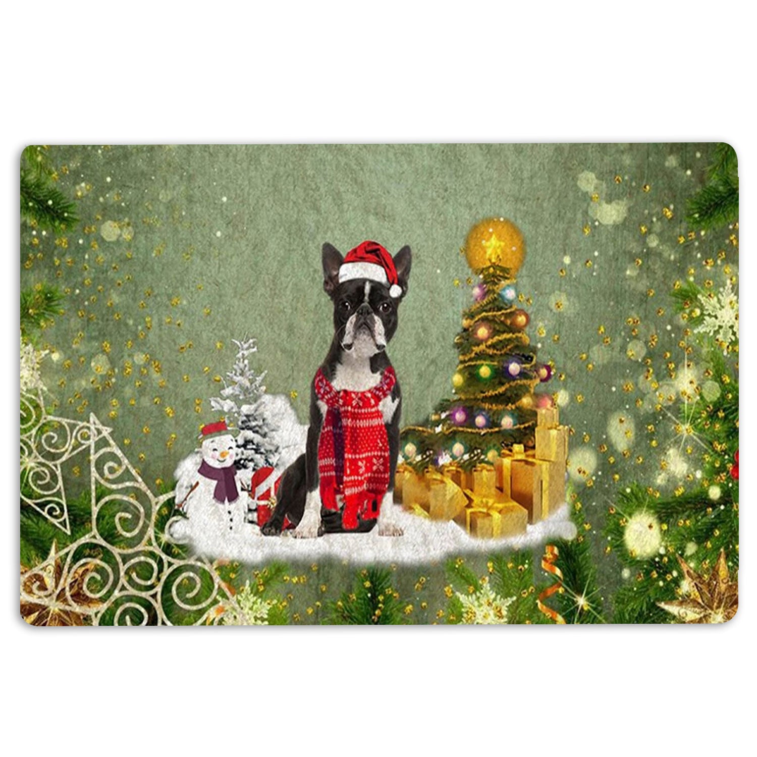 Ohaprints-Doormat-Outdoor-Indoor-Boston-Terrier-Merry-Christmas-Snow-Christmas-Tree-Xmas-Holidays-Rubber-Door-Mat-1462-18'' x 30''