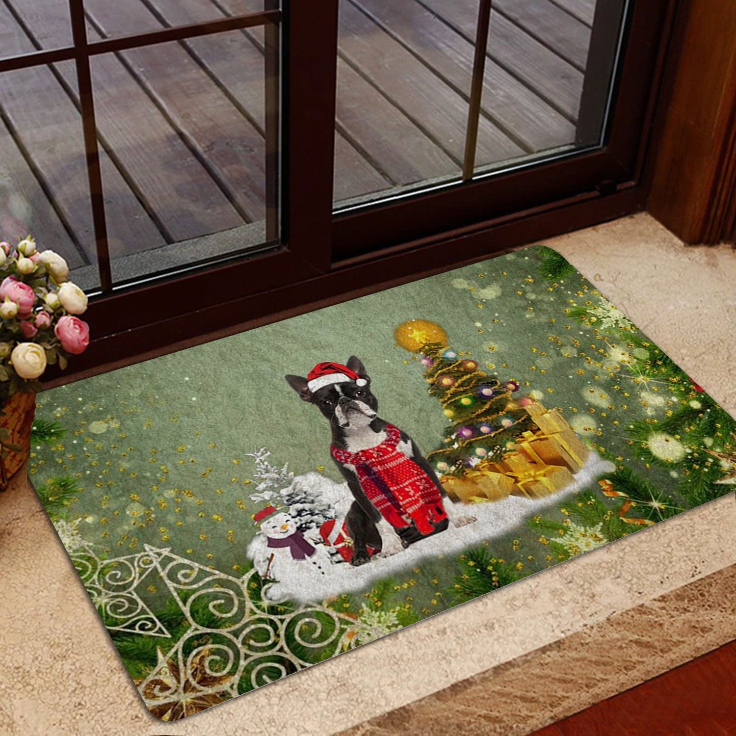 Ohaprints-Doormat-Outdoor-Indoor-Boston-Terrier-Merry-Christmas-Snow-Christmas-Tree-Xmas-Holidays-Rubber-Door-Mat-1462-