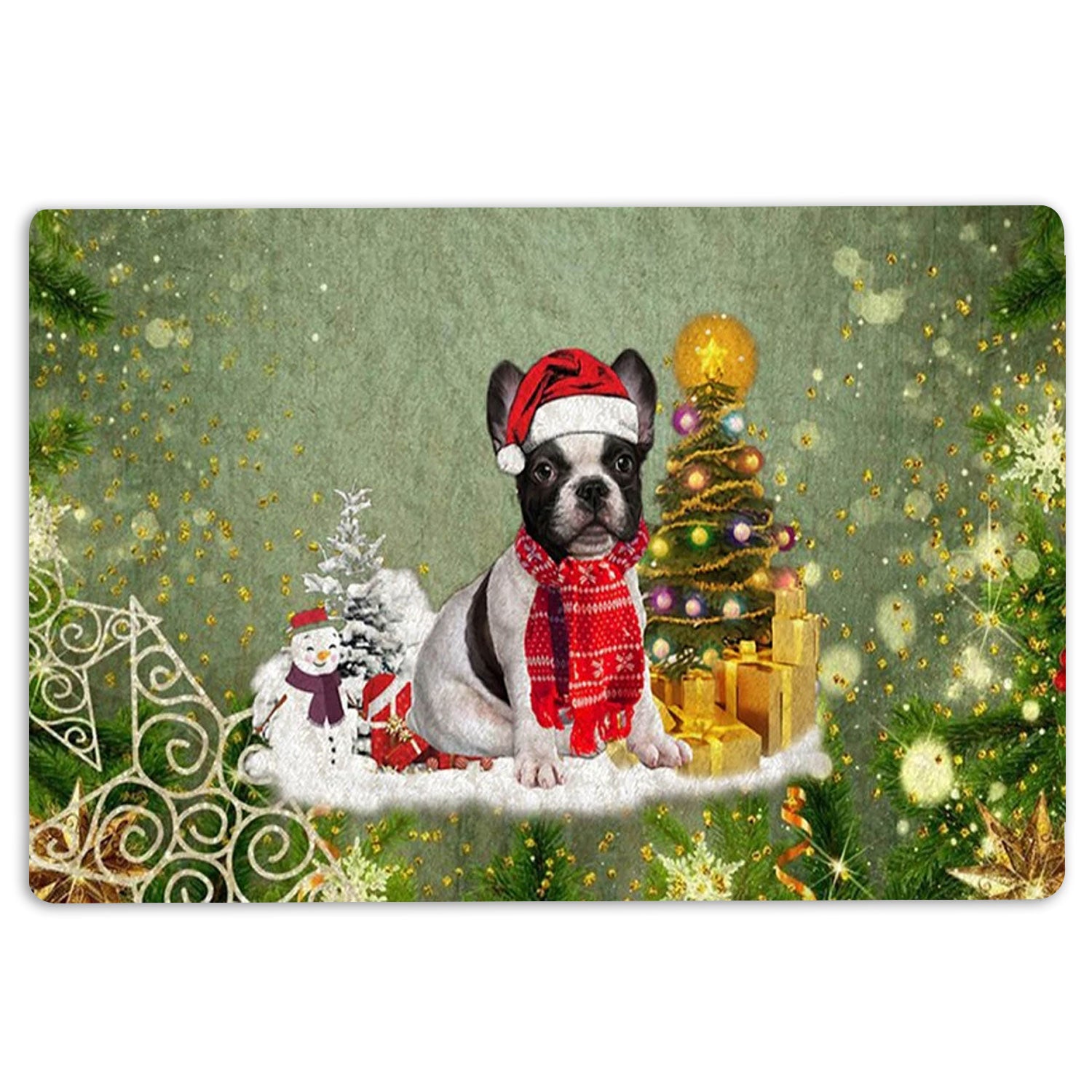 Ohaprints-Doormat-Outdoor-Indoor-French-Bulldog-Merry-Christmas-Snow-Christmas-Tree-Xmas-Holidays-Rubber-Door-Mat-1467-18'' x 30''