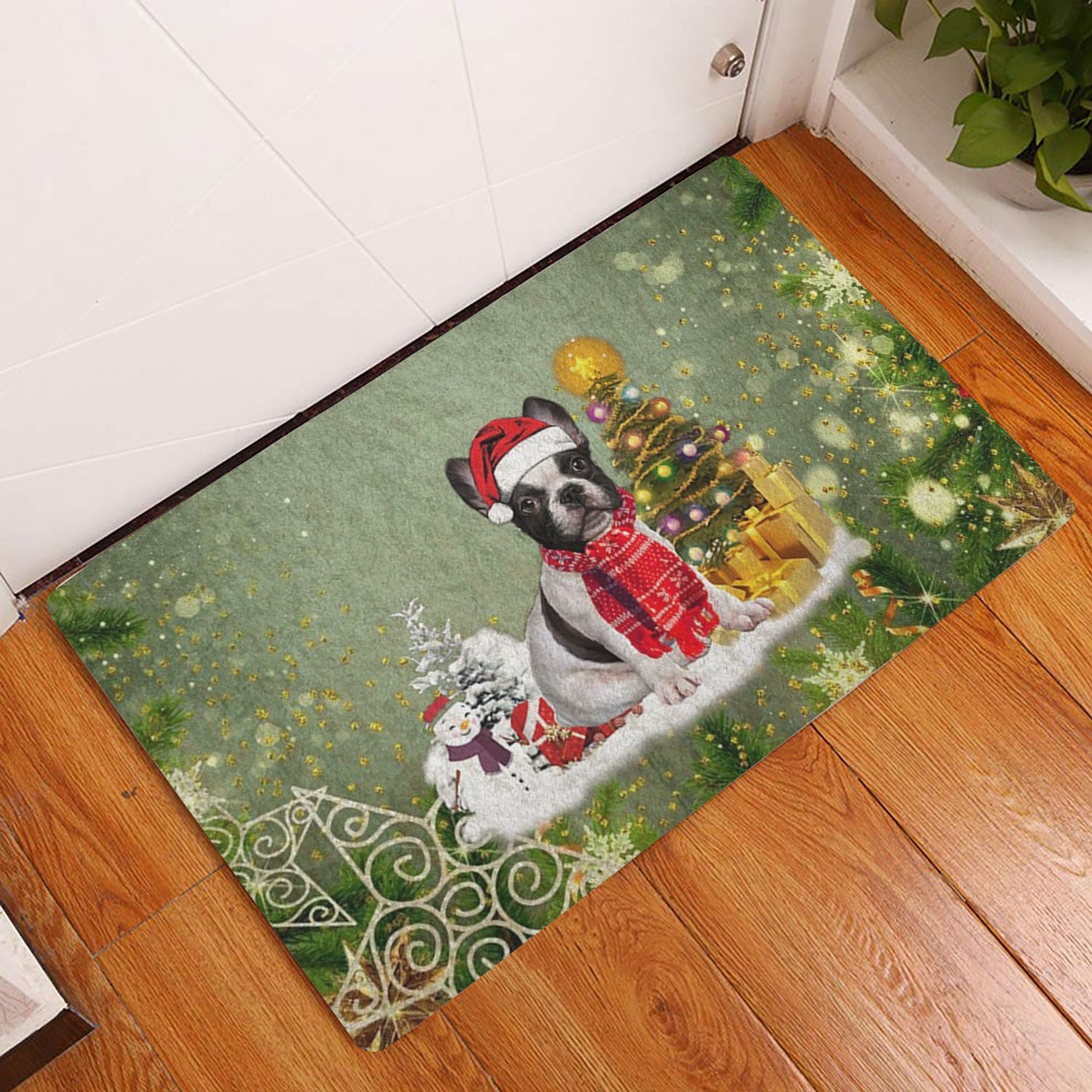 Ohaprints-Doormat-Outdoor-Indoor-French-Bulldog-Merry-Christmas-Snow-Christmas-Tree-Xmas-Holidays-Rubber-Door-Mat-1467-