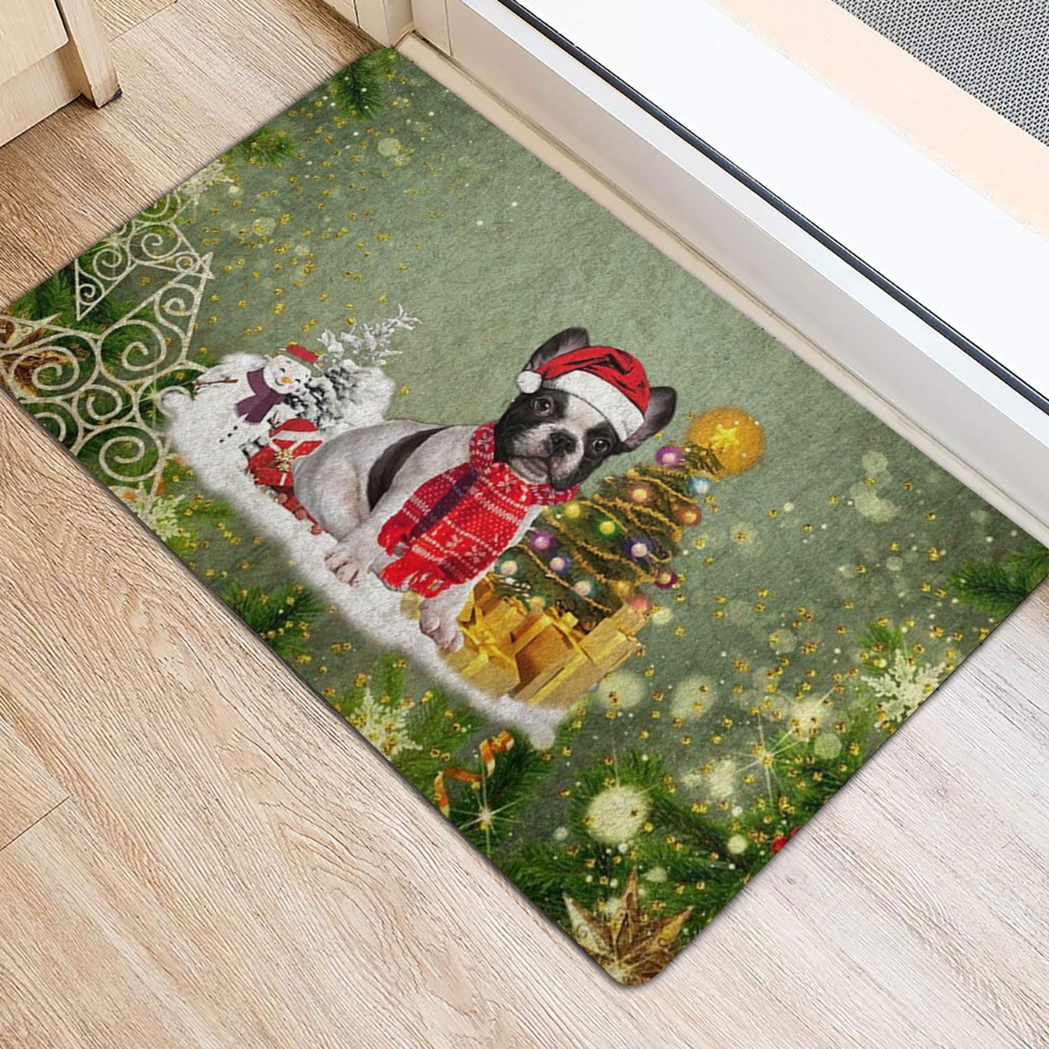 Ohaprints-Doormat-Outdoor-Indoor-French-Bulldog-Merry-Christmas-Snow-Christmas-Tree-Xmas-Holidays-Rubber-Door-Mat-1467-